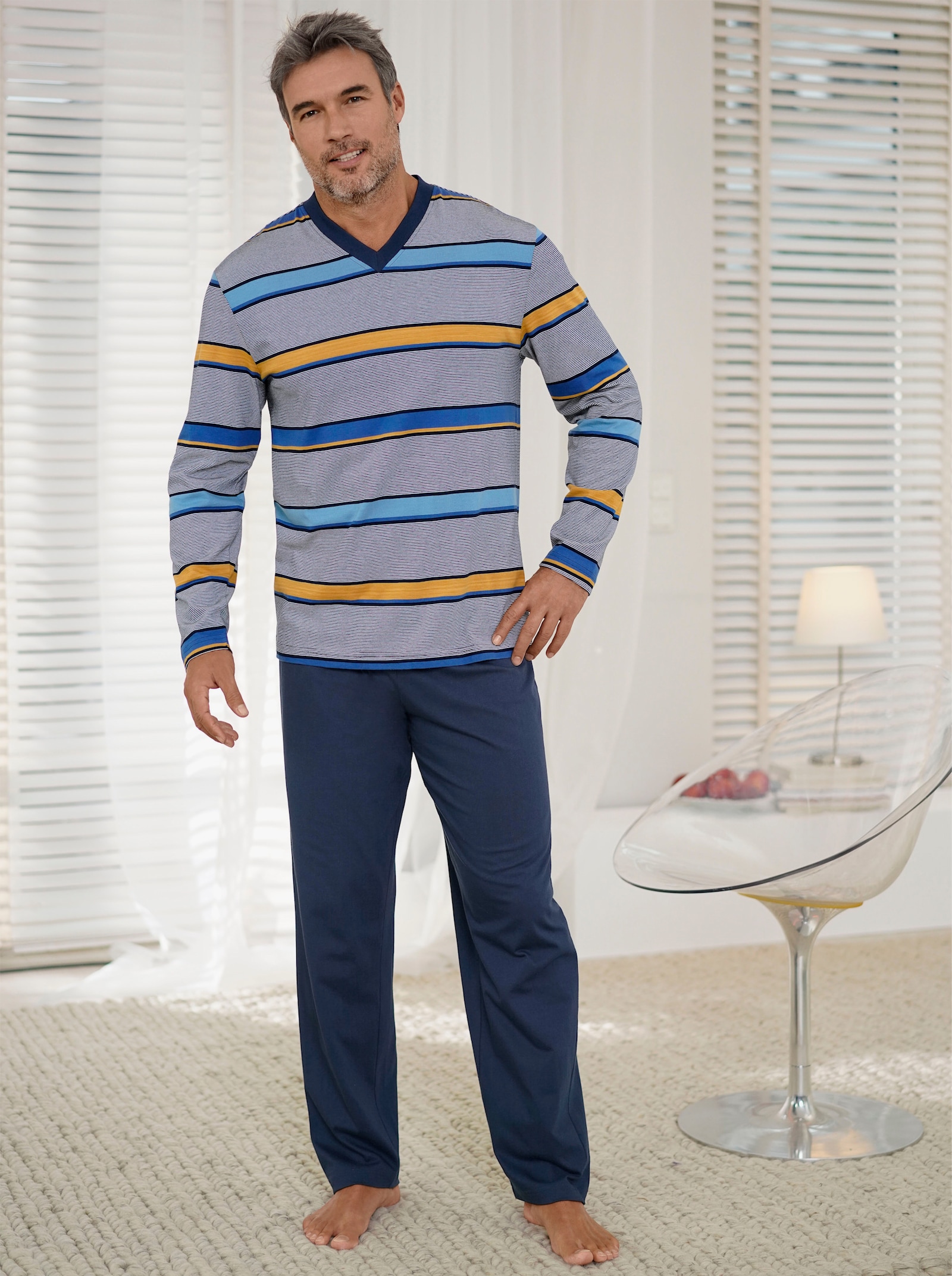 wäschepur men Schlafanzug - marine-gelb-gestreift