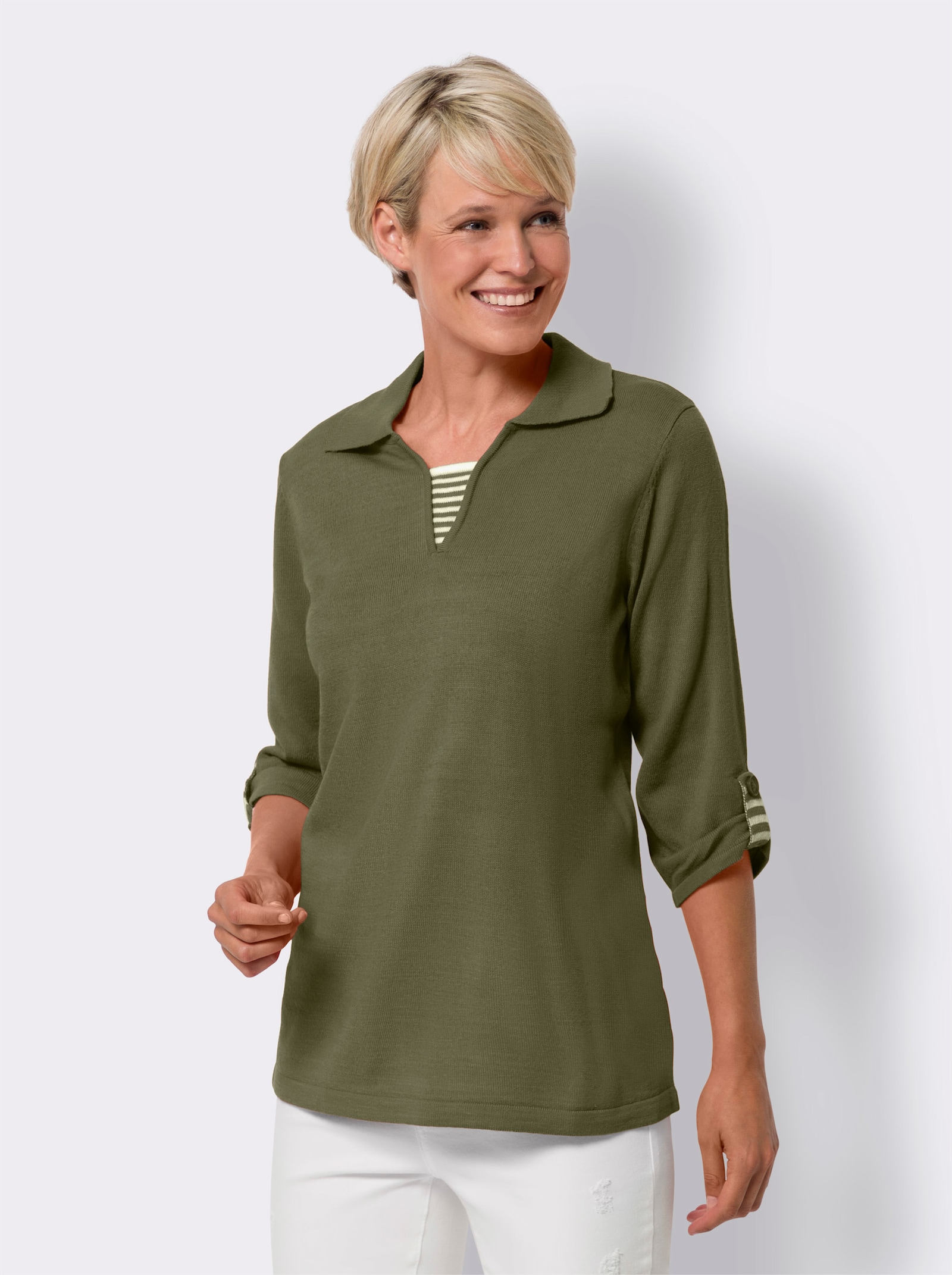 2-in-1-Pullover mit Streifen-Einsätzen - khaki-weiss-gemustert