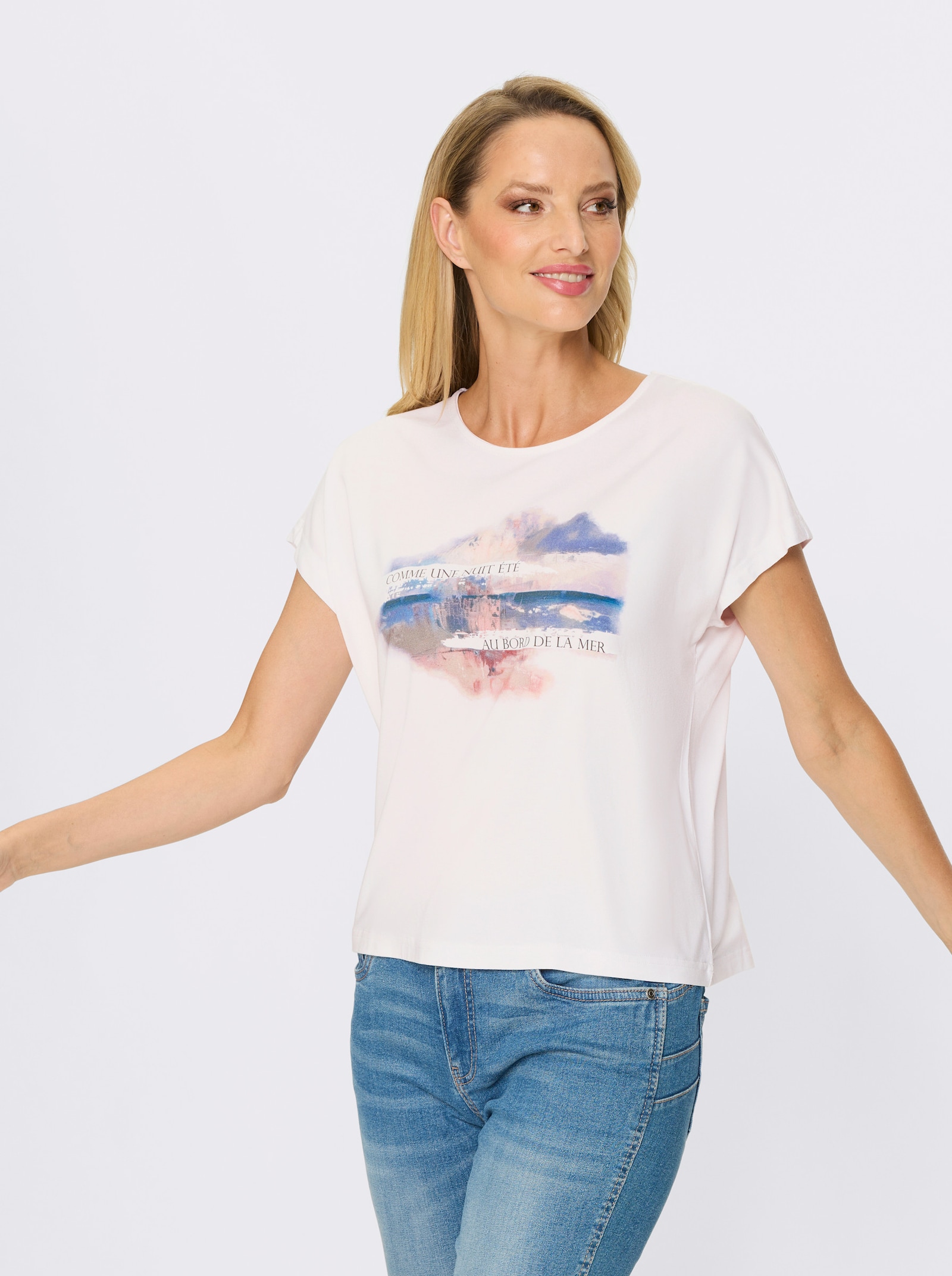 heine Kurzarmshirt mit Schriftzug-Print - weiß-rauchblau