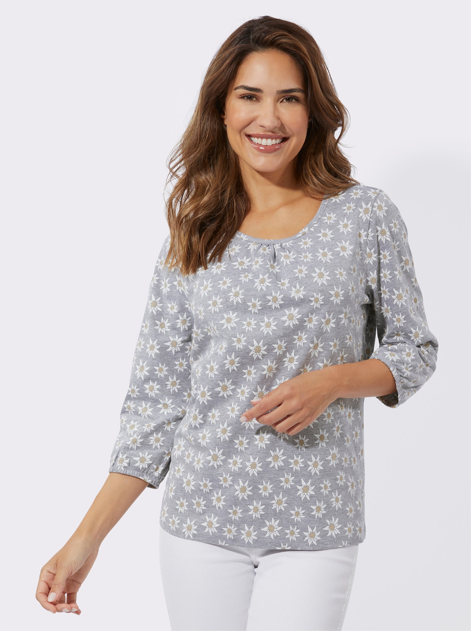 3/4-Arm-Shirt mit floralem Muster - grau-meliert-weiß-bedruckt