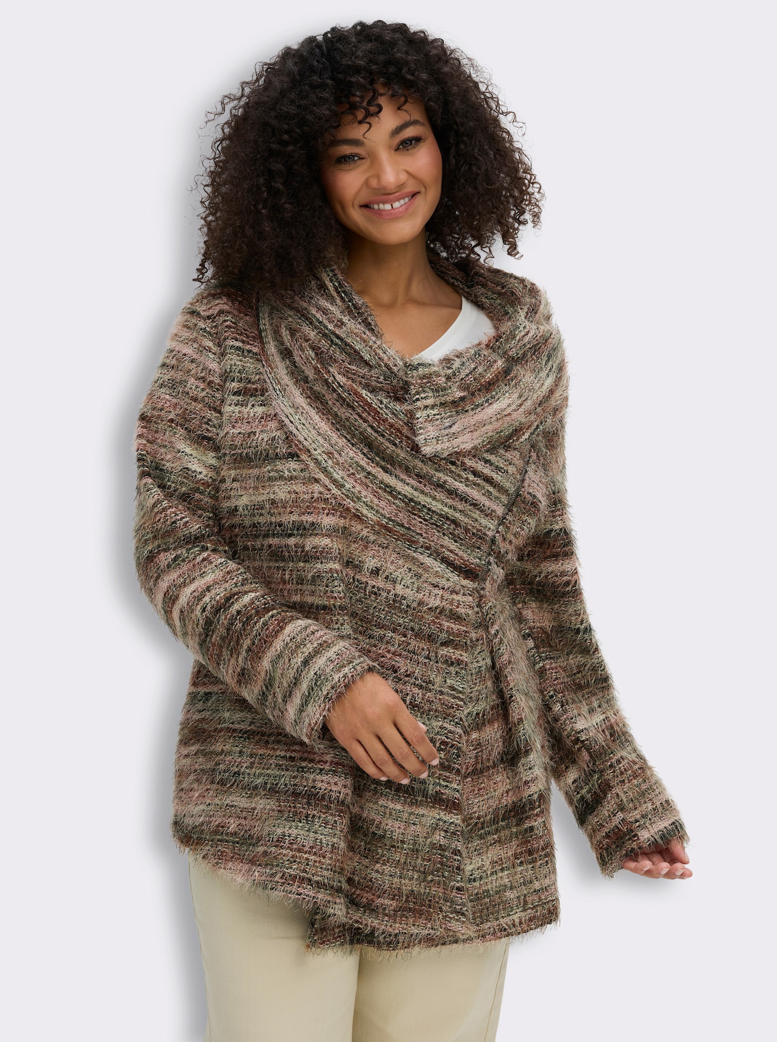 sheego by Joe Browns Strickjacke mit raffiniertem Schalkragen - moos-beige
