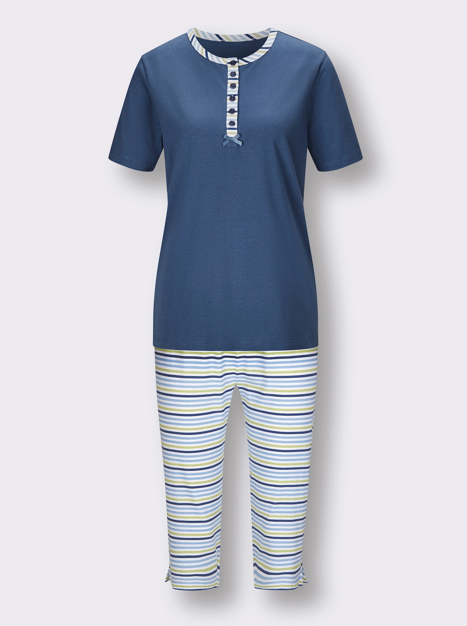 wäschepur Capri-Schlafanzüge mit Knopfleiste - jeansblau + jeansblau-geringelt