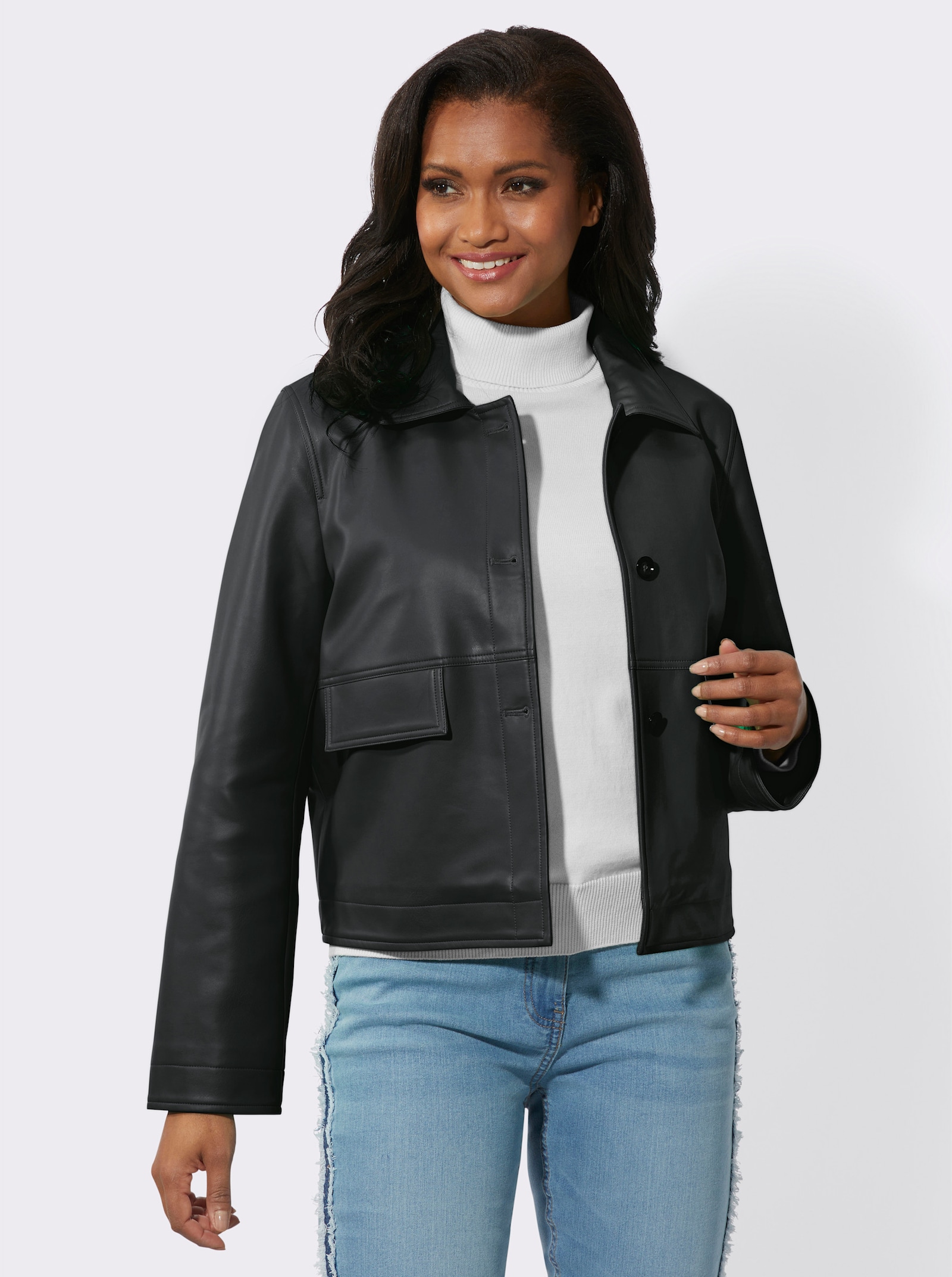Lederimitatjacke in kurzer, gerader Form - schwarz