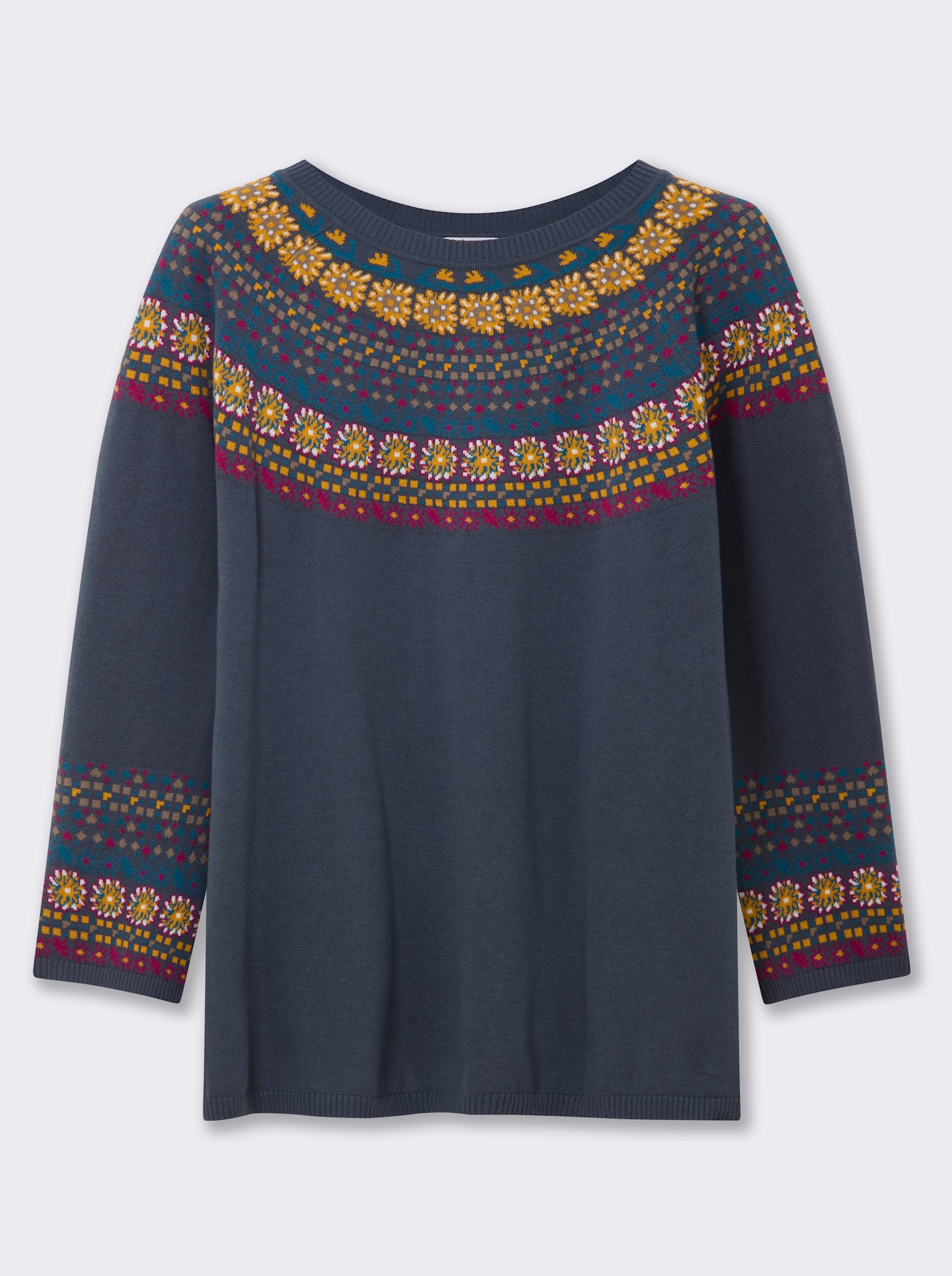 sheego Pullover met Noors jacquardpatroon - rookblauw