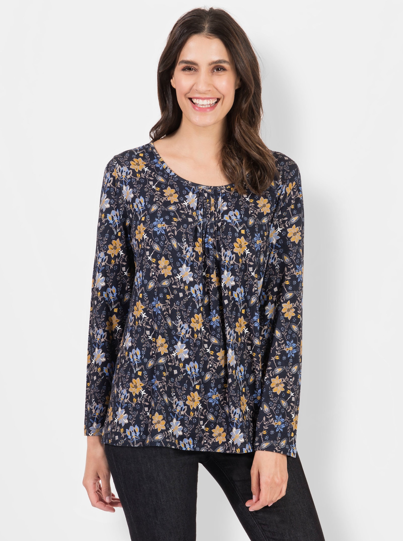 Shirt met print van viscose-stretch - marine/oker bedrukt