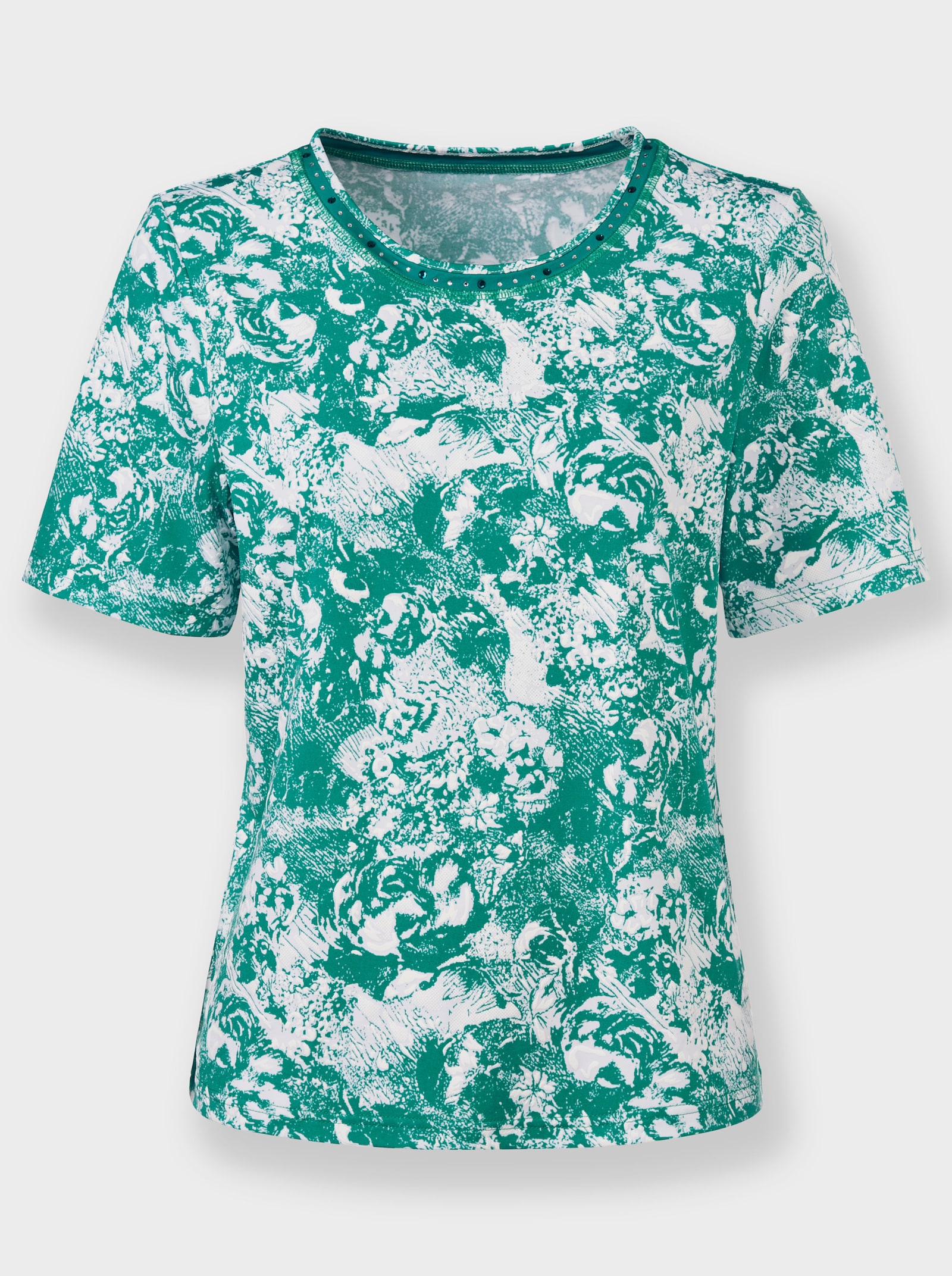 Shirt met ronde hals en smaragdkleurige glittersteentjes - smaragdgroen/wit bedrukt