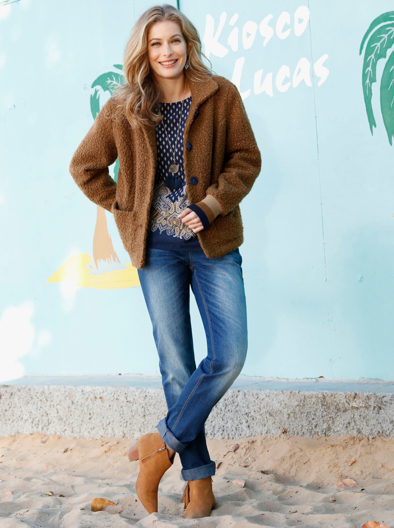 Veste en qualité bouclé avec bords-côtes rayés aux manches - ambre