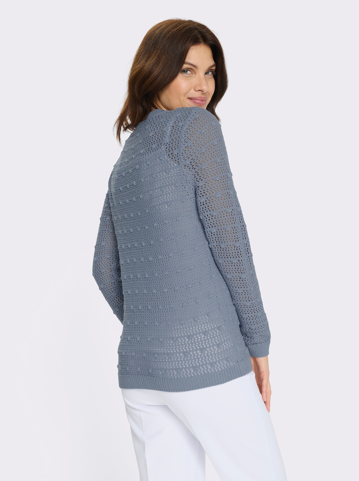 Ajourpullover mit eingestrickten Punkten - taubenblau