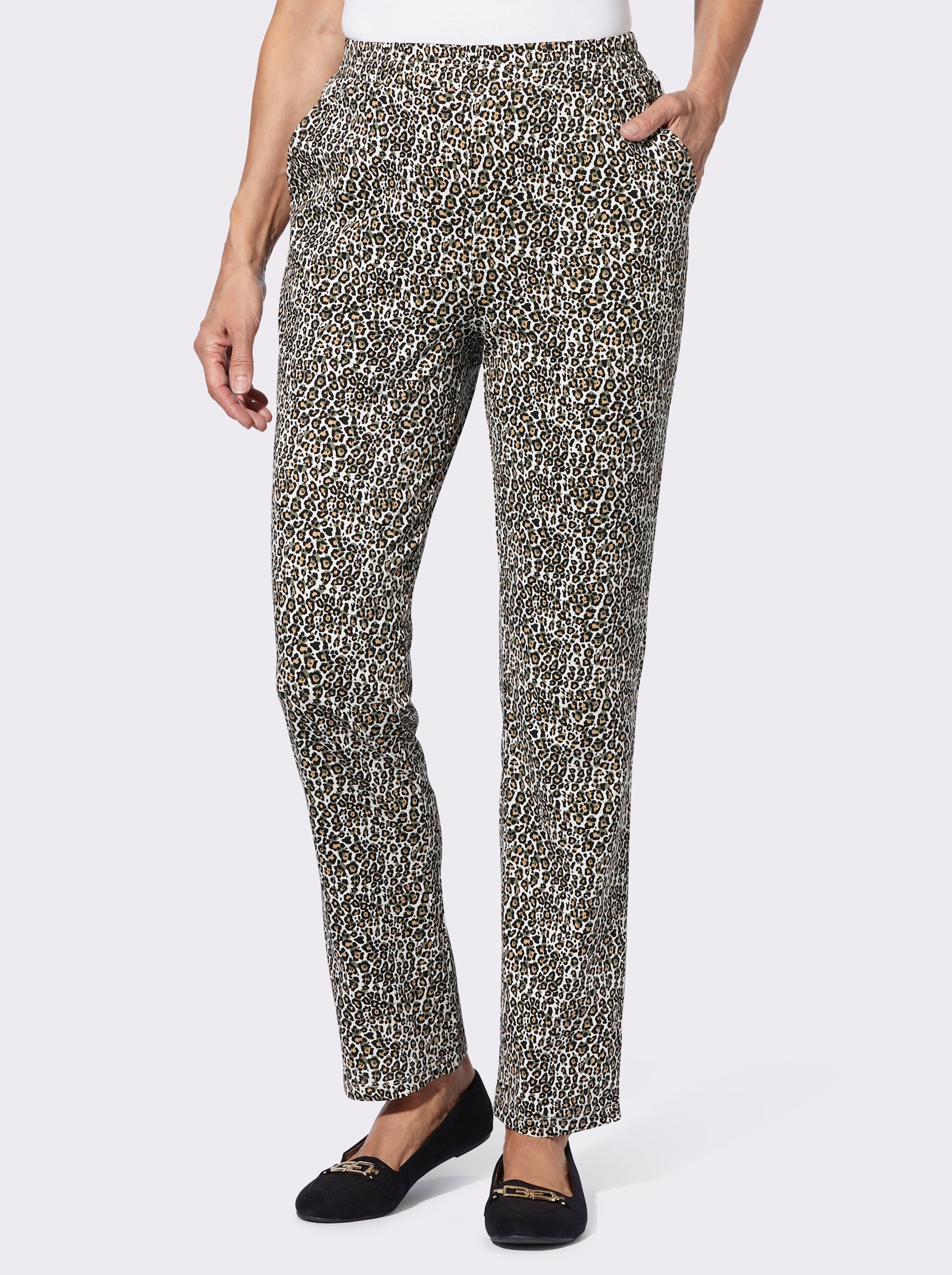 Vrijetijdsbroek met luipaardmotief - champagne/kaki bedrukt
