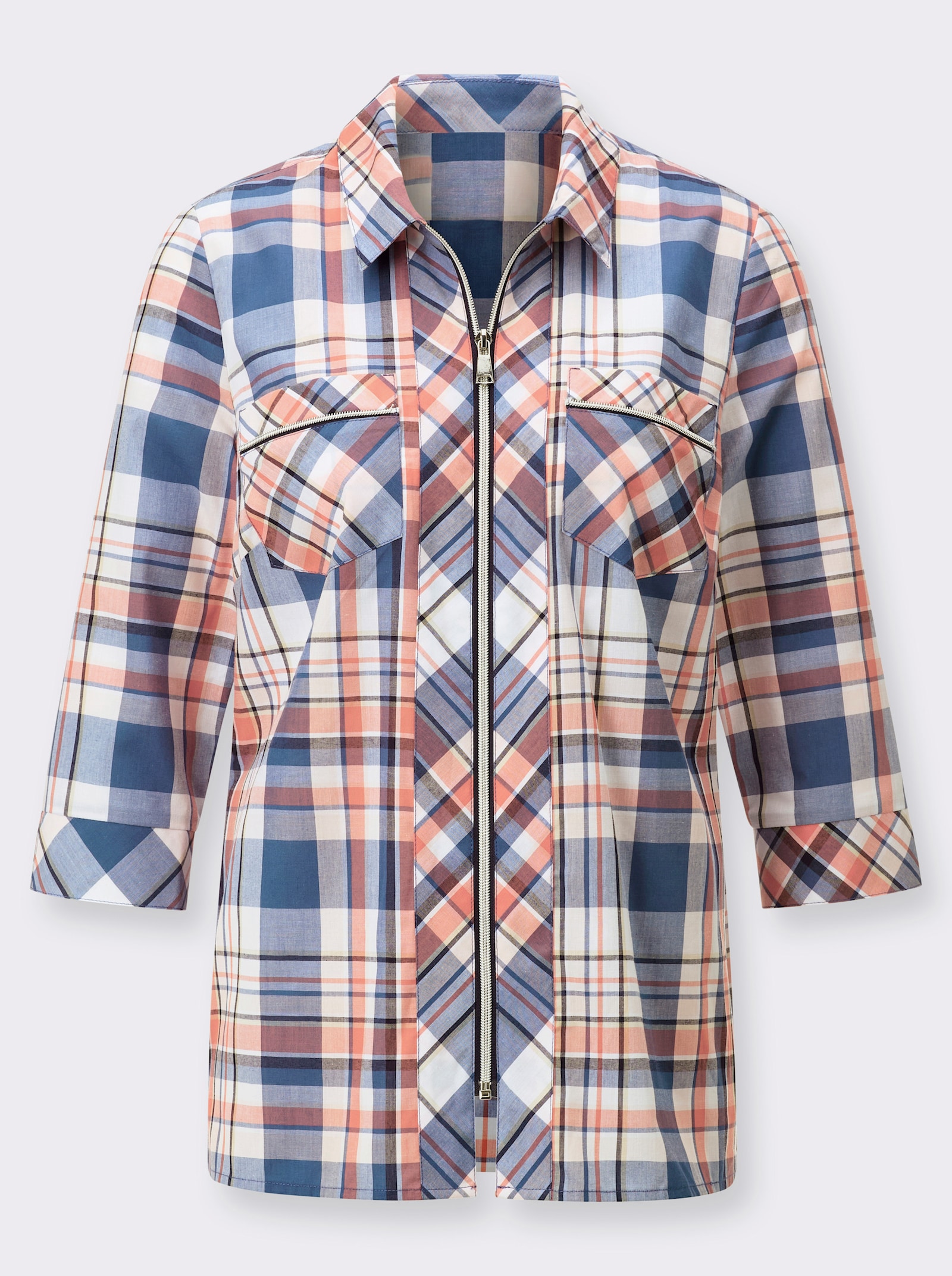 Geruite blouse met in het garen geverfd dessin - jeansblauw/koraal geruit