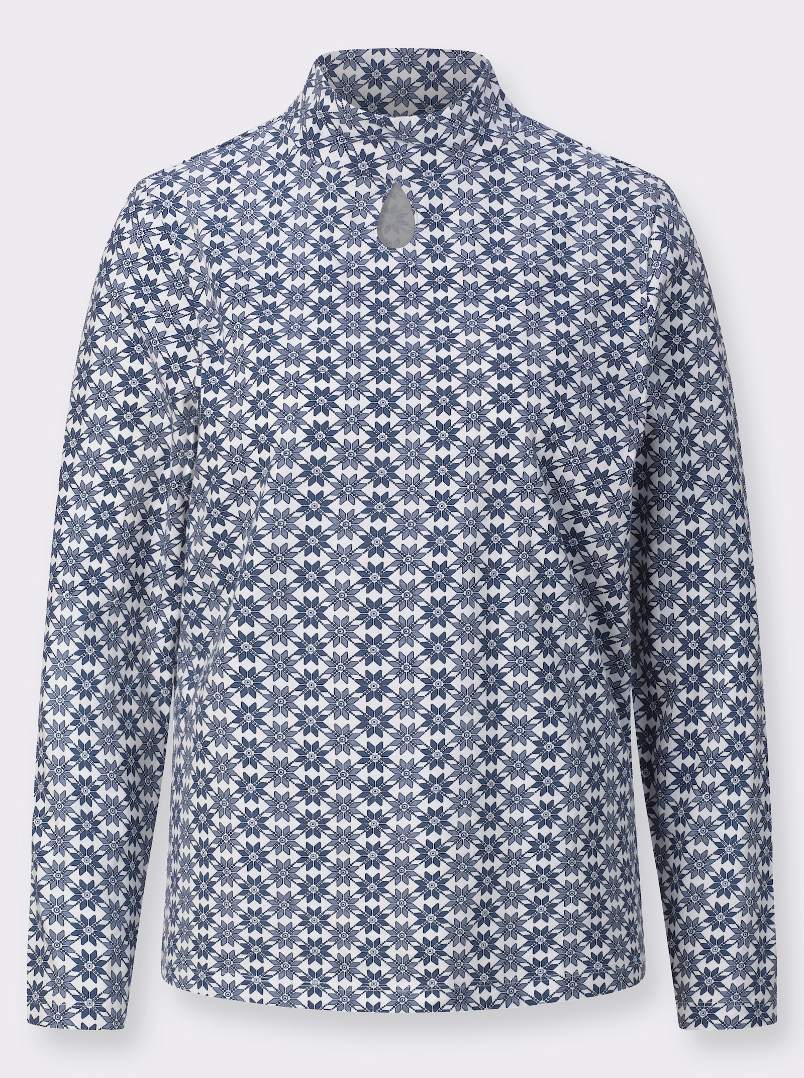 Stehkragenshirt mit Cut-out-Tropfen - marine-ecru-bedruckt