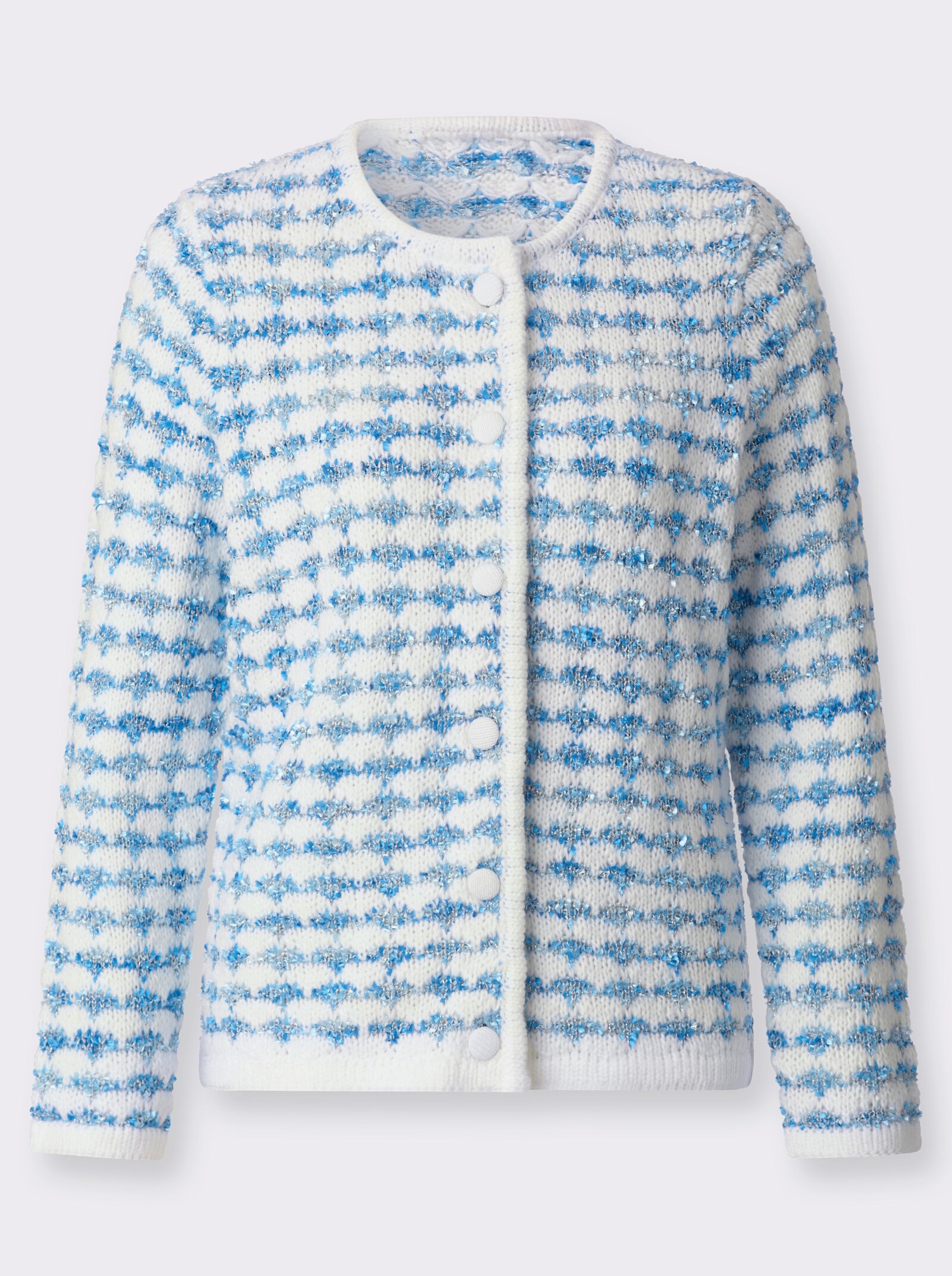 Cardigan aus Bouclé-Strick - ecru-rauchblau-meliert