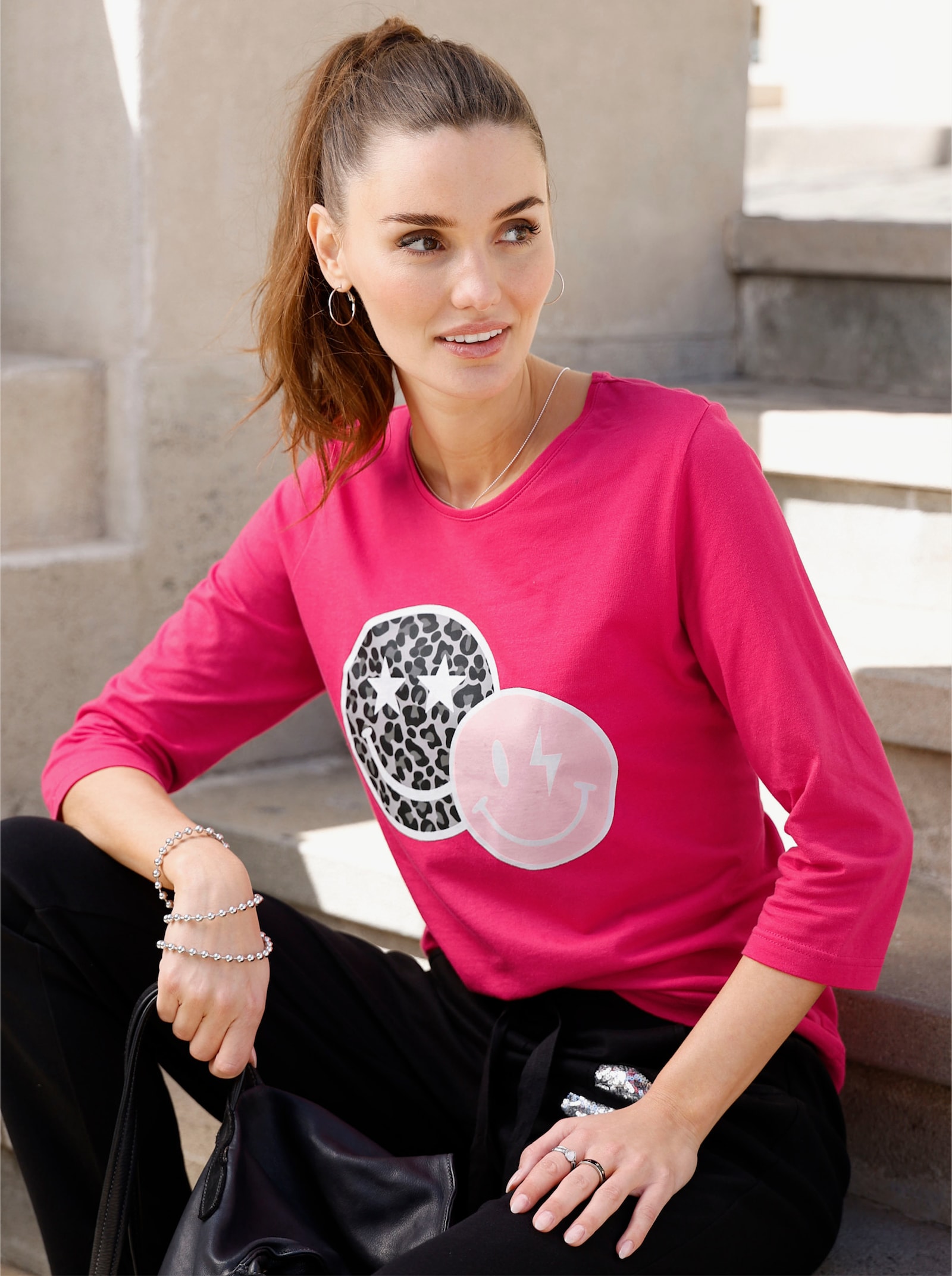 3/4-Arm-Shirt mit Smiley-Print - pink-ecru