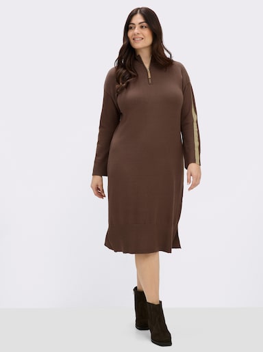sheego Strickkleid mit Lurexstreifen am Ärmel - schoko