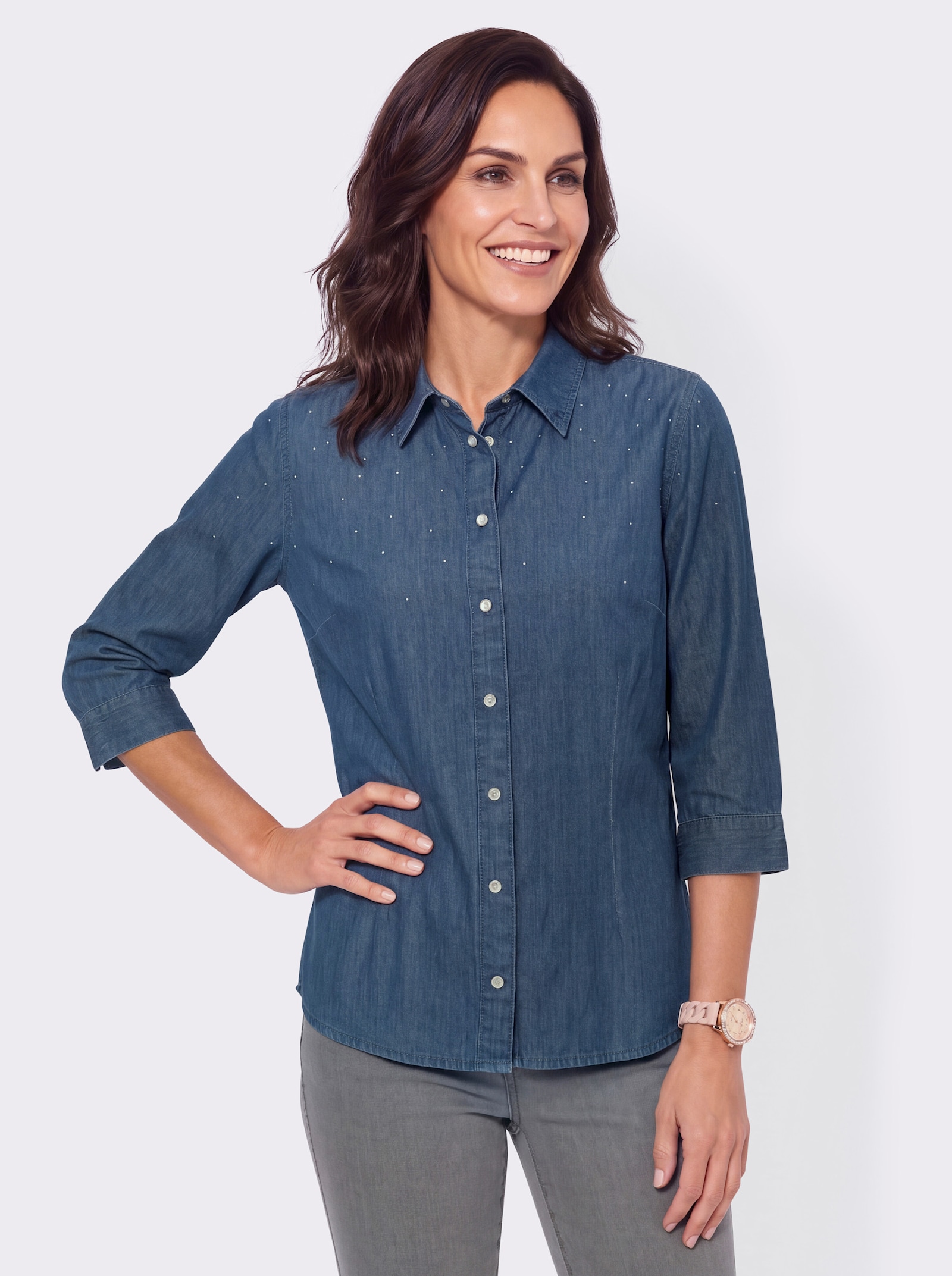 Jeansbluse mit Glitzersteinchen - blue-bleached