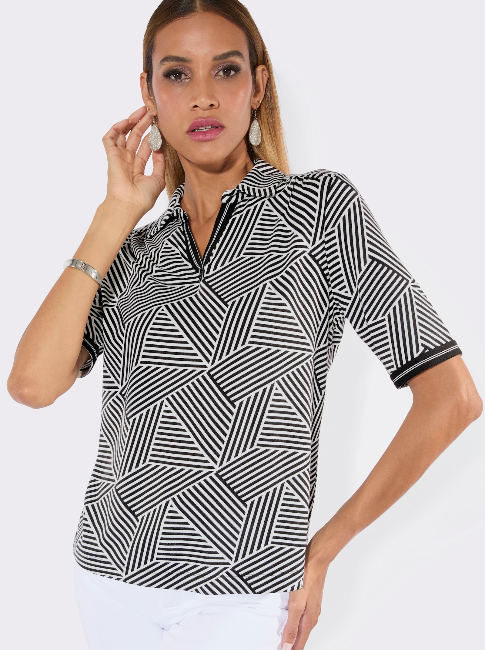 Poloshirt mit Ripsband - ecru-schwarz-bedruckt