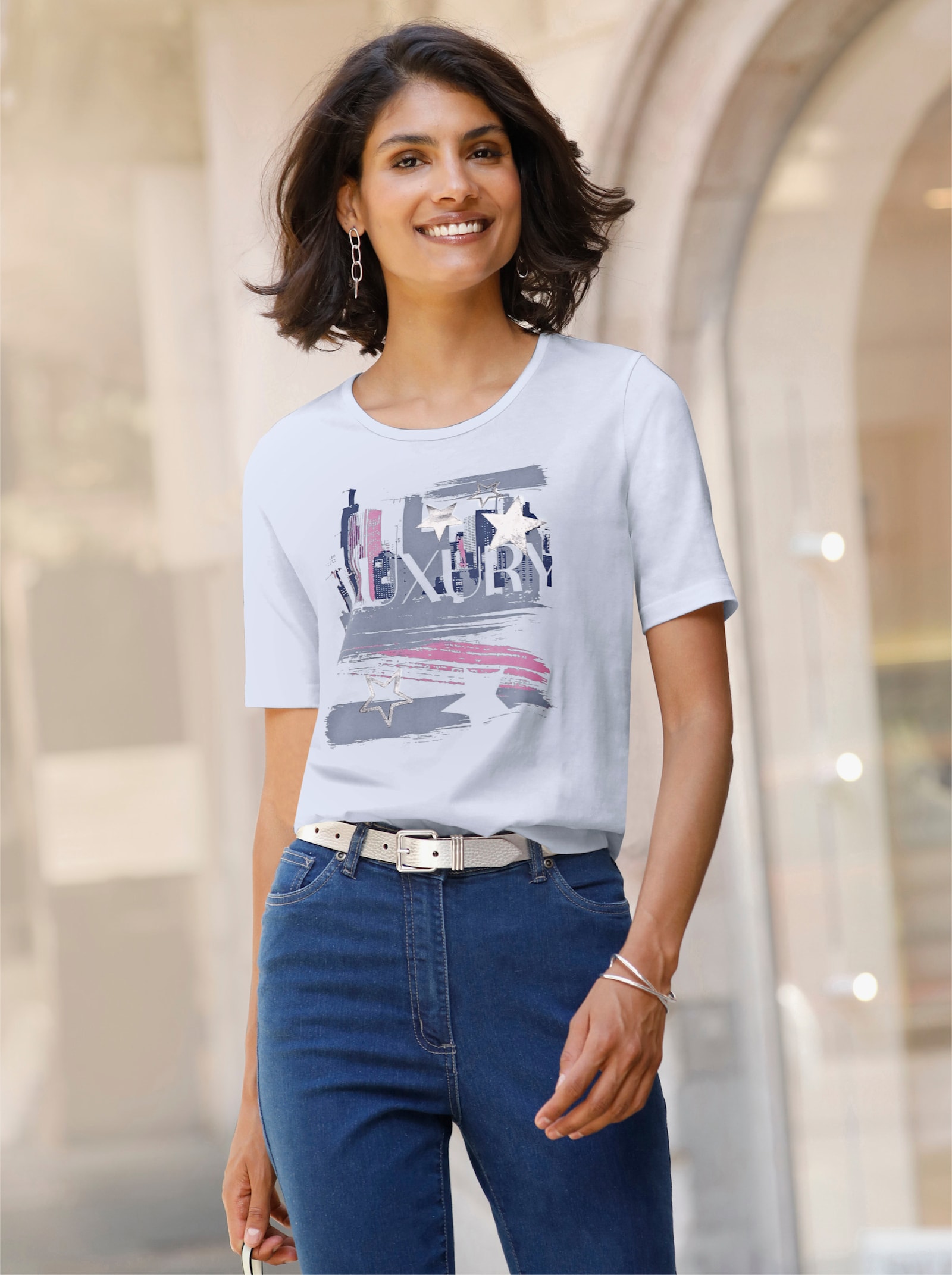 Shirt met korte mouwen en folieprint - ecru/jeansblauw