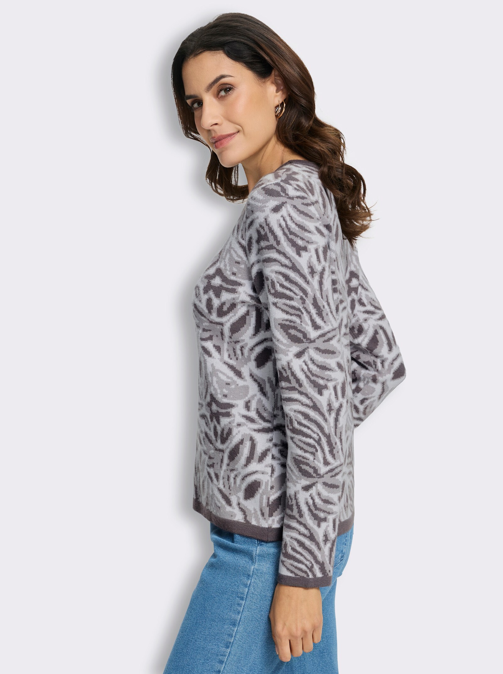 Jacquard-Pullover mit floralem Muster - anthrazit-ecru-gemustert