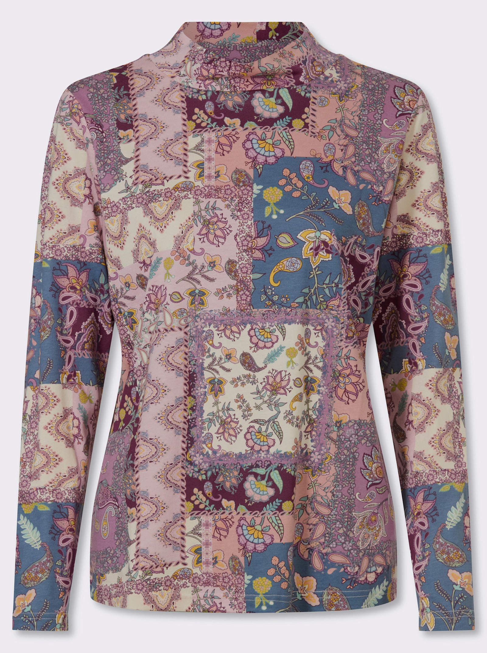 Stehkragenshirt im Patchwork-Dessin - burgund-violett-bedruckt