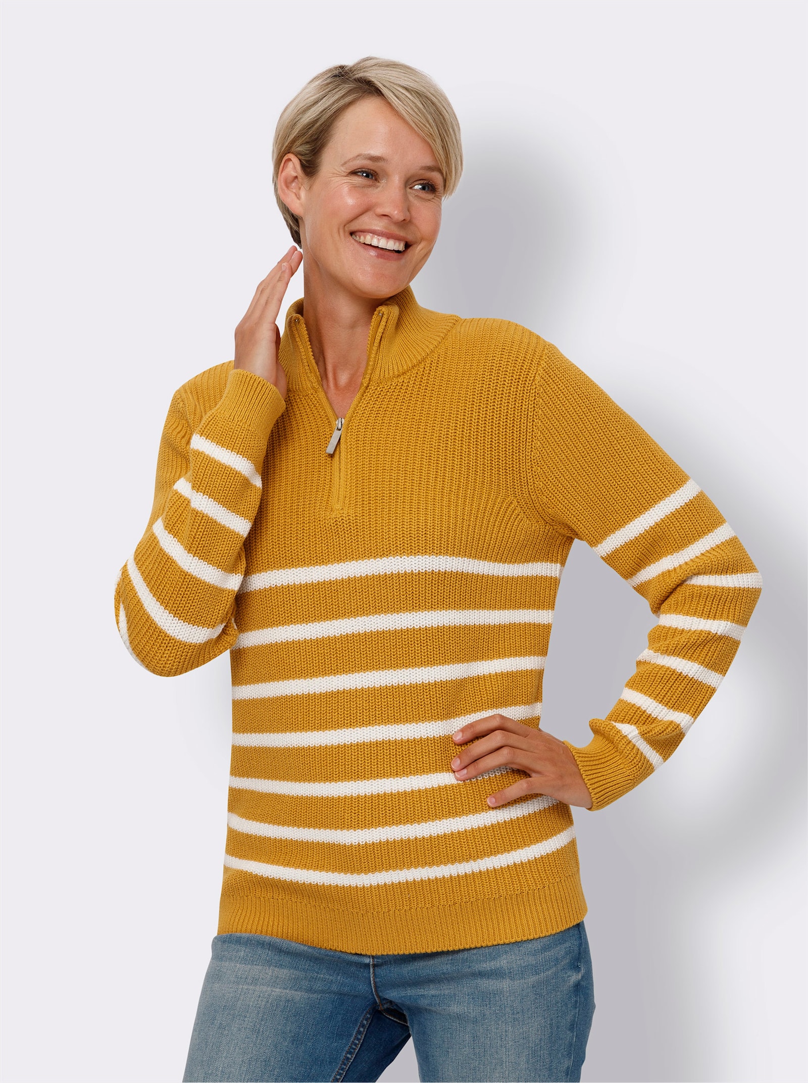 Svetr se stojáčkem, proužkovaný - okrová-ecru-proužek