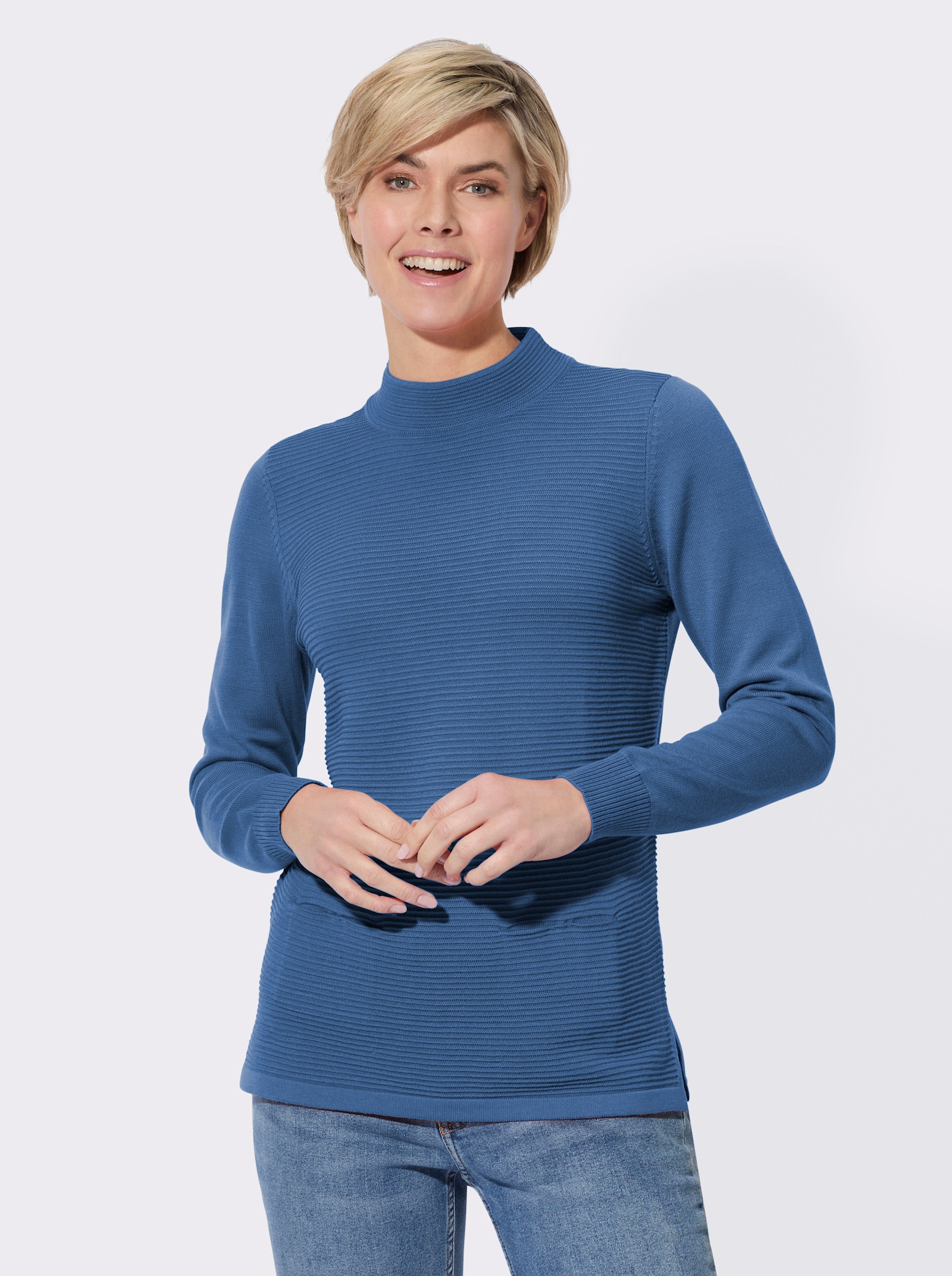 Stehkragenpullover mit eingearbeiteten Taschen - mittelblau