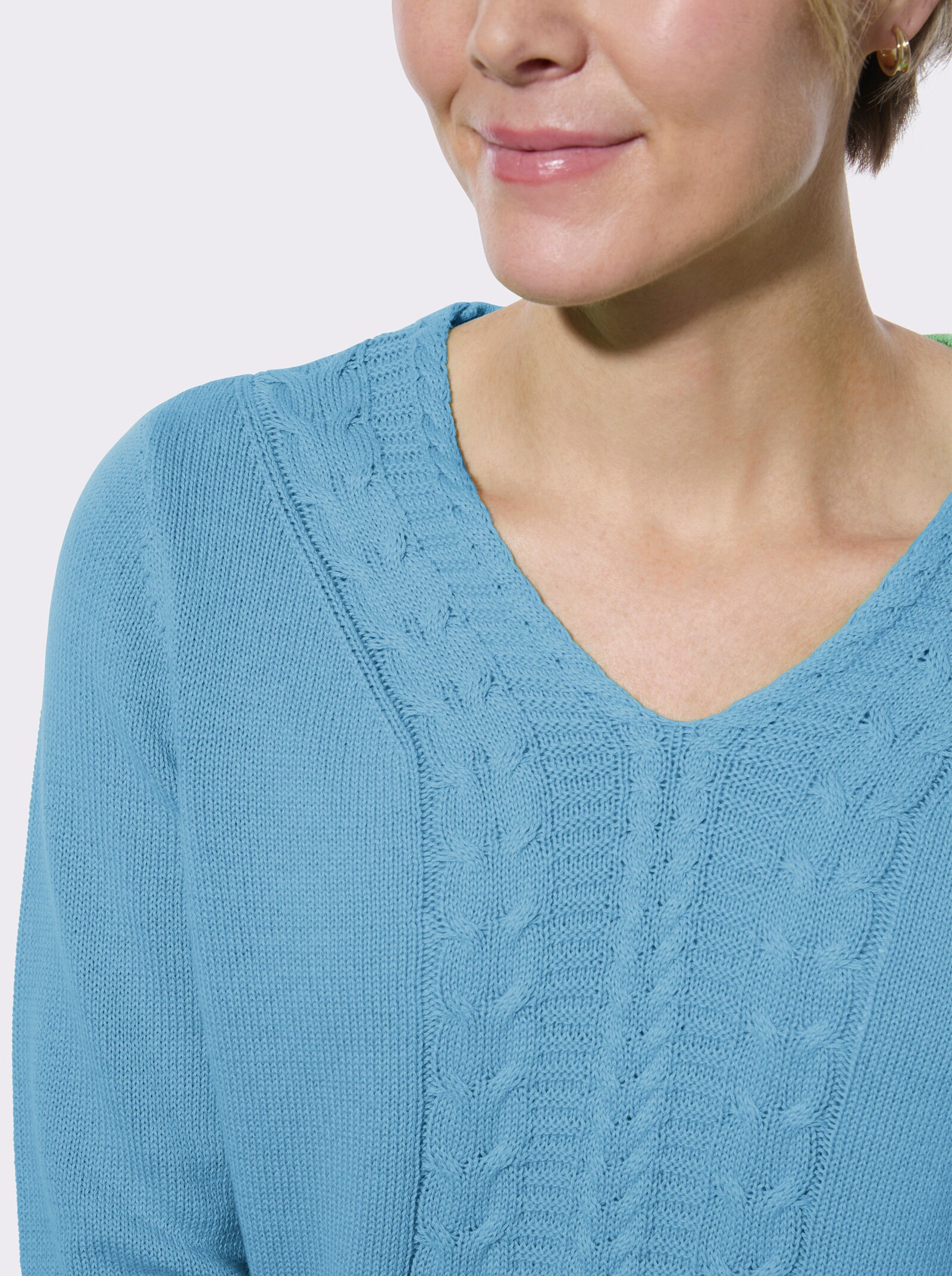 V-Ausschnitt-Pullover mit Rippbündchen - aqua