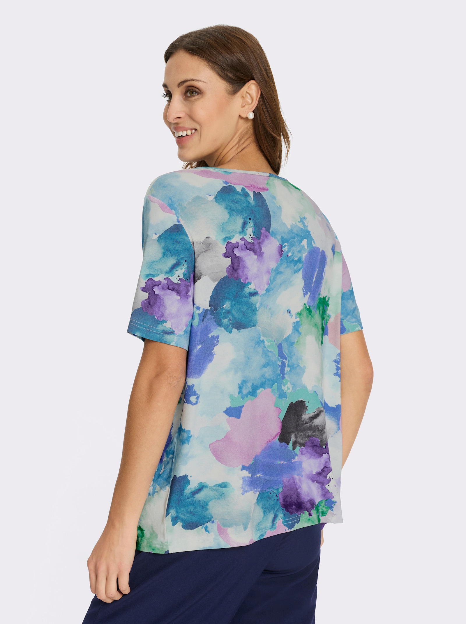 Kurzarmshirt mit Faltenpartie am Ausschnitt - eisblau-rosé-bedruckt