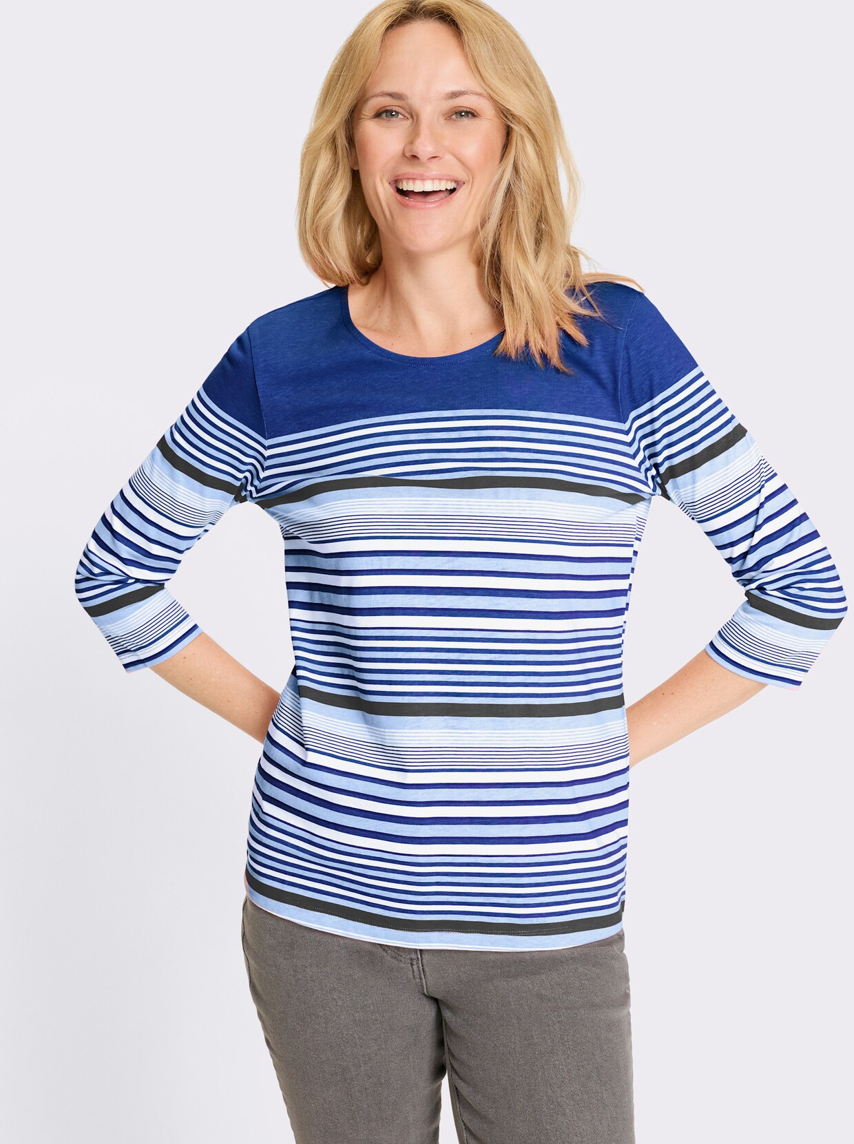 3/4-Arm-Shirt - jeansblau-ecru-geringelt