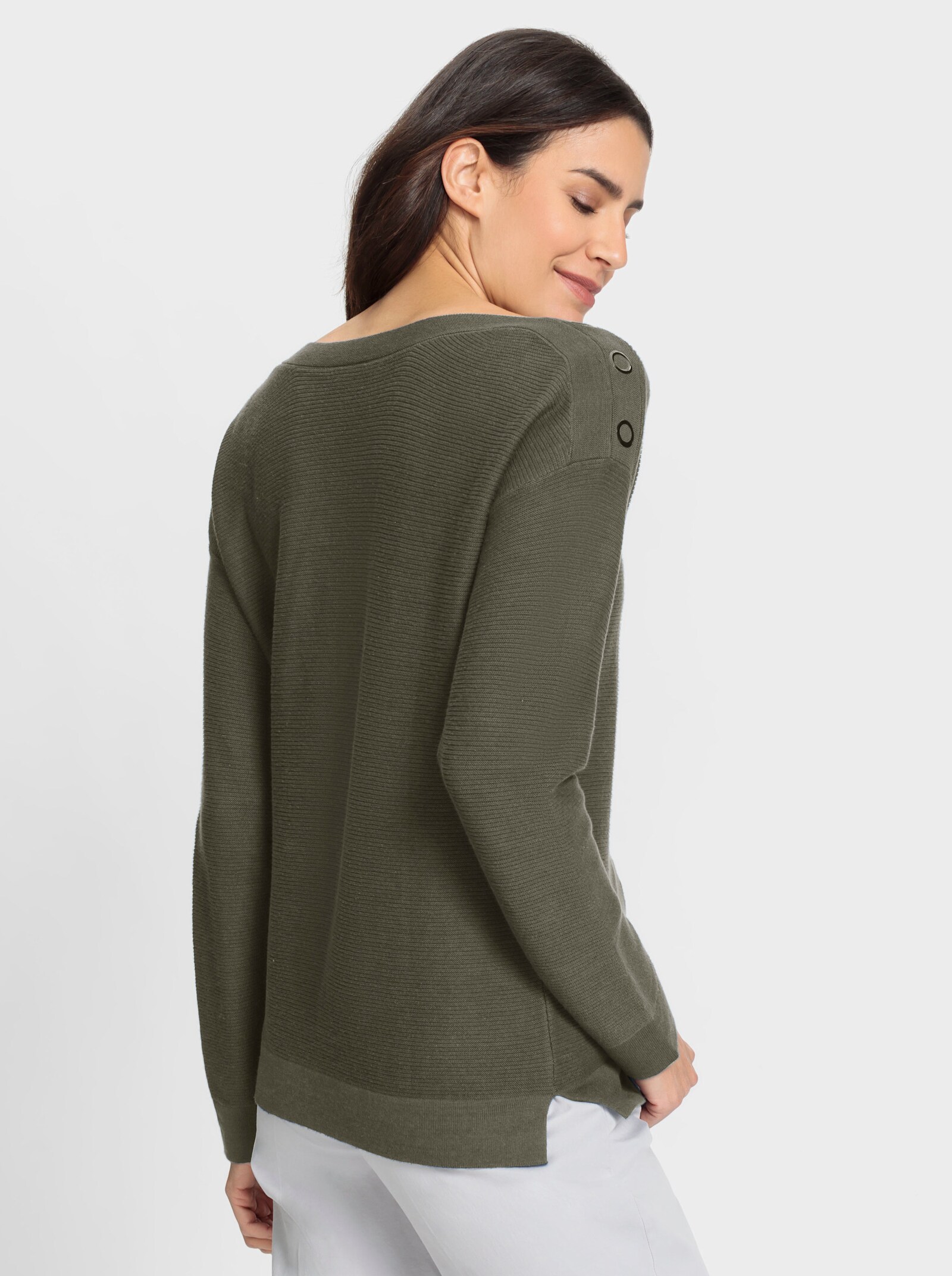 Strickpullover mit Ösenverzierung - khaki