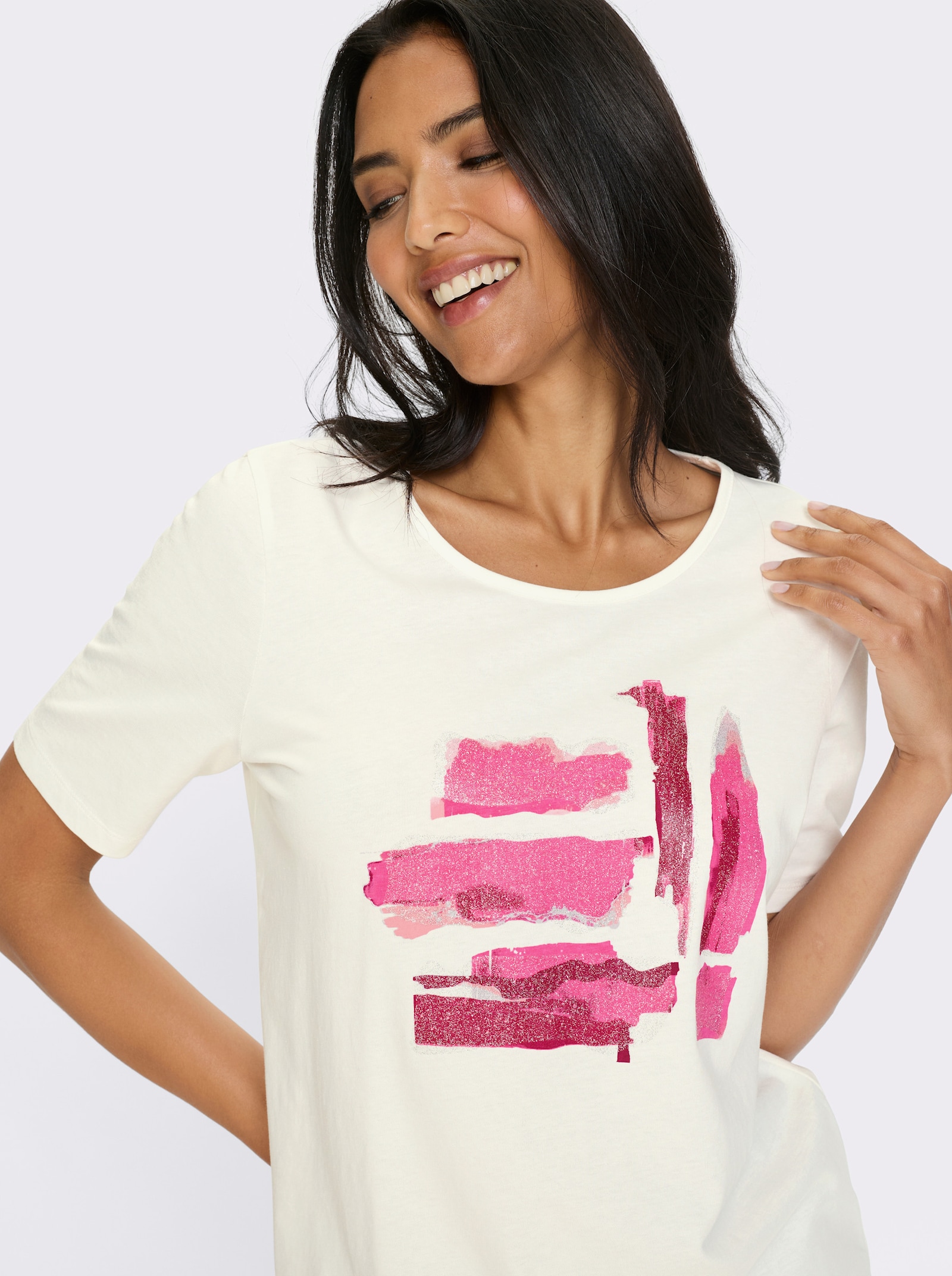 Kurzarmshirt mit silberfarbigen Akzenten - ecru-fuchsia