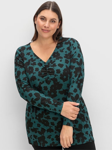 sheego Langarmshirt mit gerafftem V-Ausschnitt - tiefgrün-gemustert