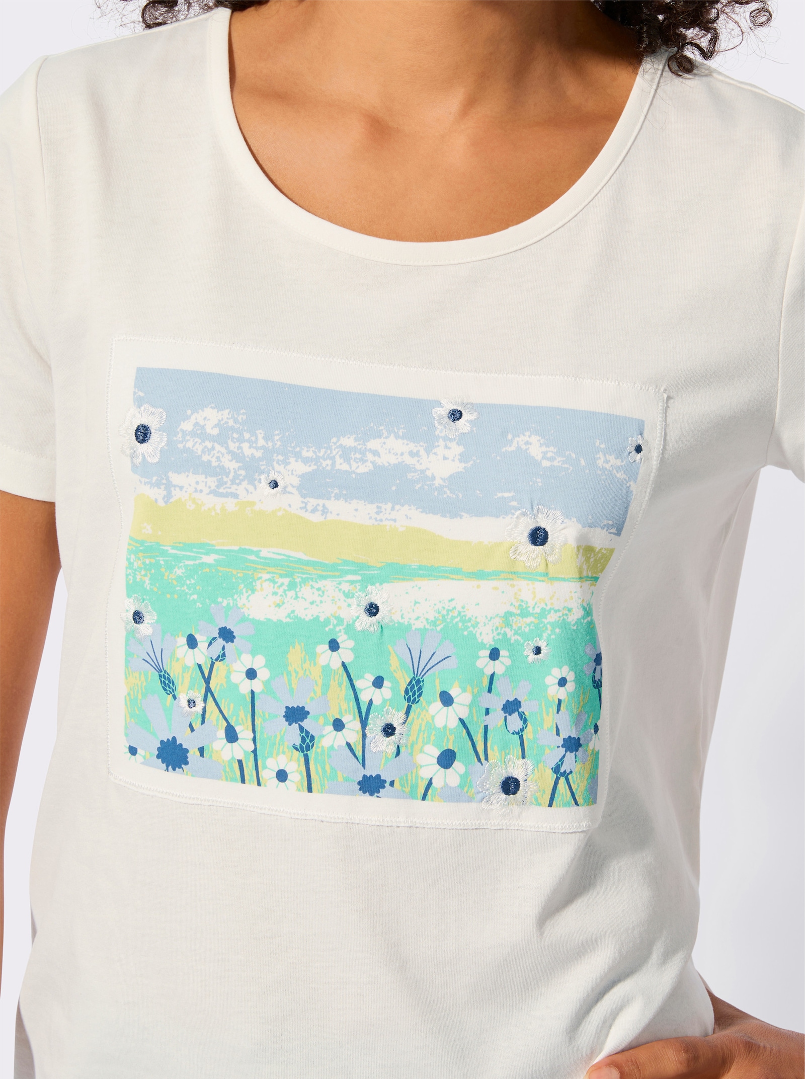 T-Shirt mit Druck und Stickerei - ecru
