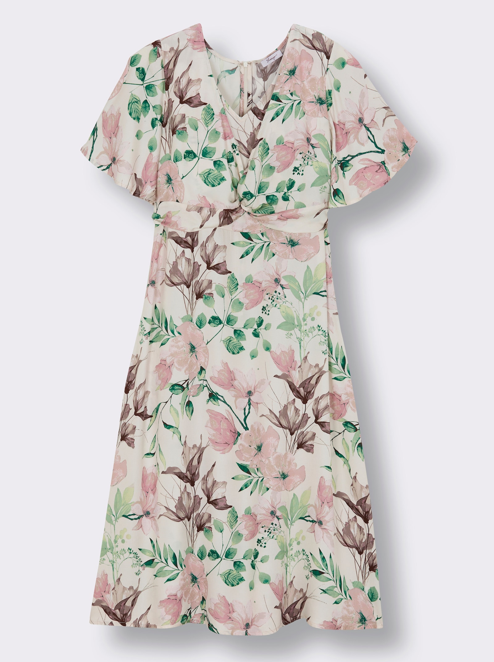 sheego Blumenkleid mit Flügelärmeln und Knotendetail - champagner-puder-bedruckt