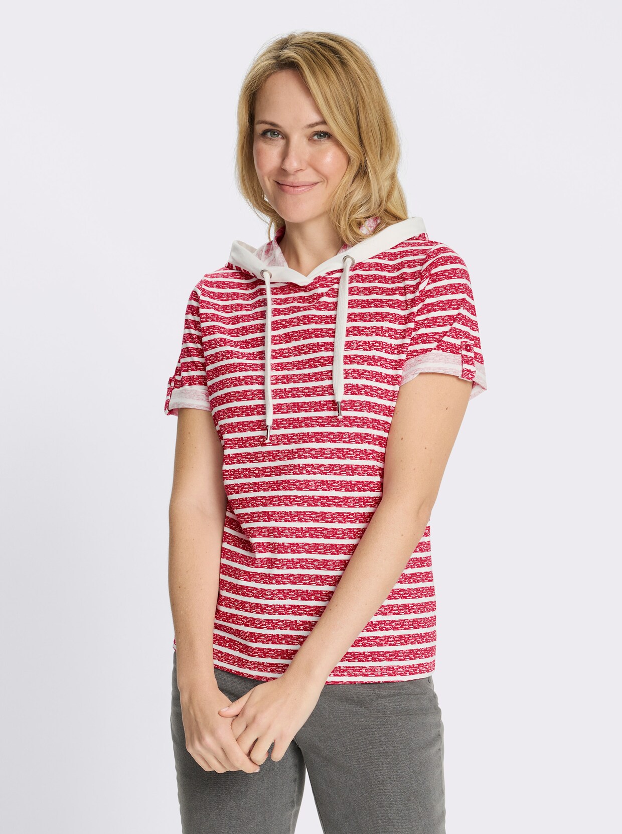 Tričko s kapucí s krátkými rukávy - červená-ecru-potisk