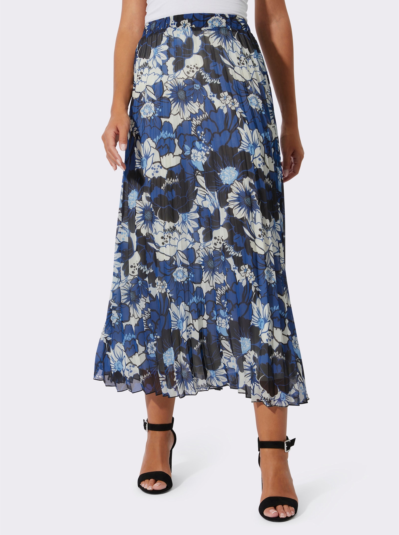 Plisseerock mit blickdichtem Futter - royalblau-schwarz-bedruckt