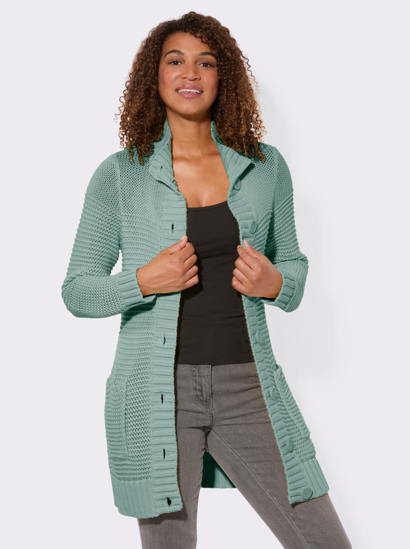 Longstrickjacke mit partiellen Fantasiemuster - kalkmint