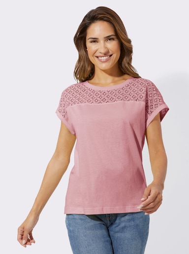 Rundhalsshirt mit Spitzen-Einsatz - hortensie