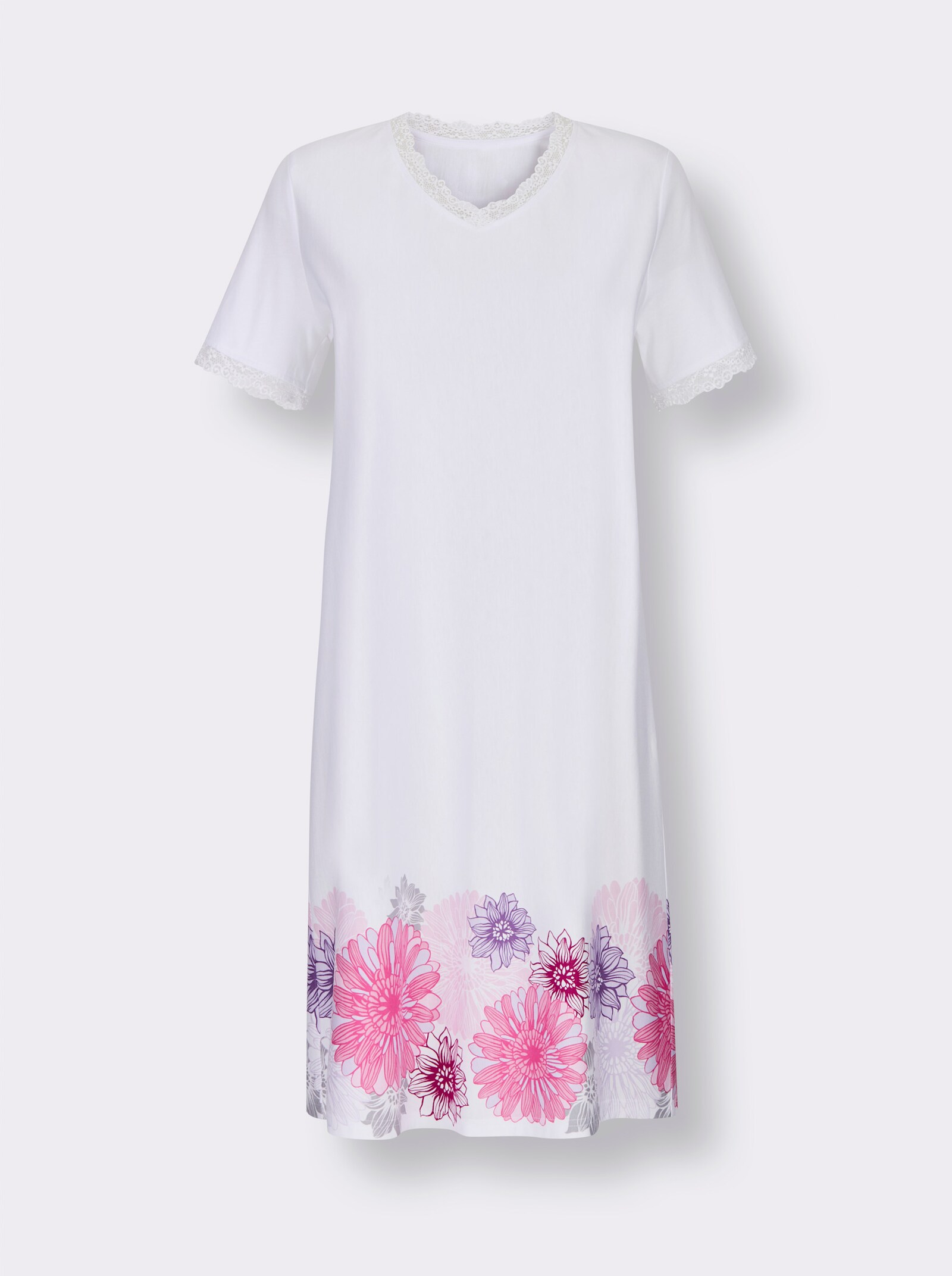 wäschepur Kurzarm-Sleepshirt mit Blumenbordüre - weiß-fuchsia-bedruckt