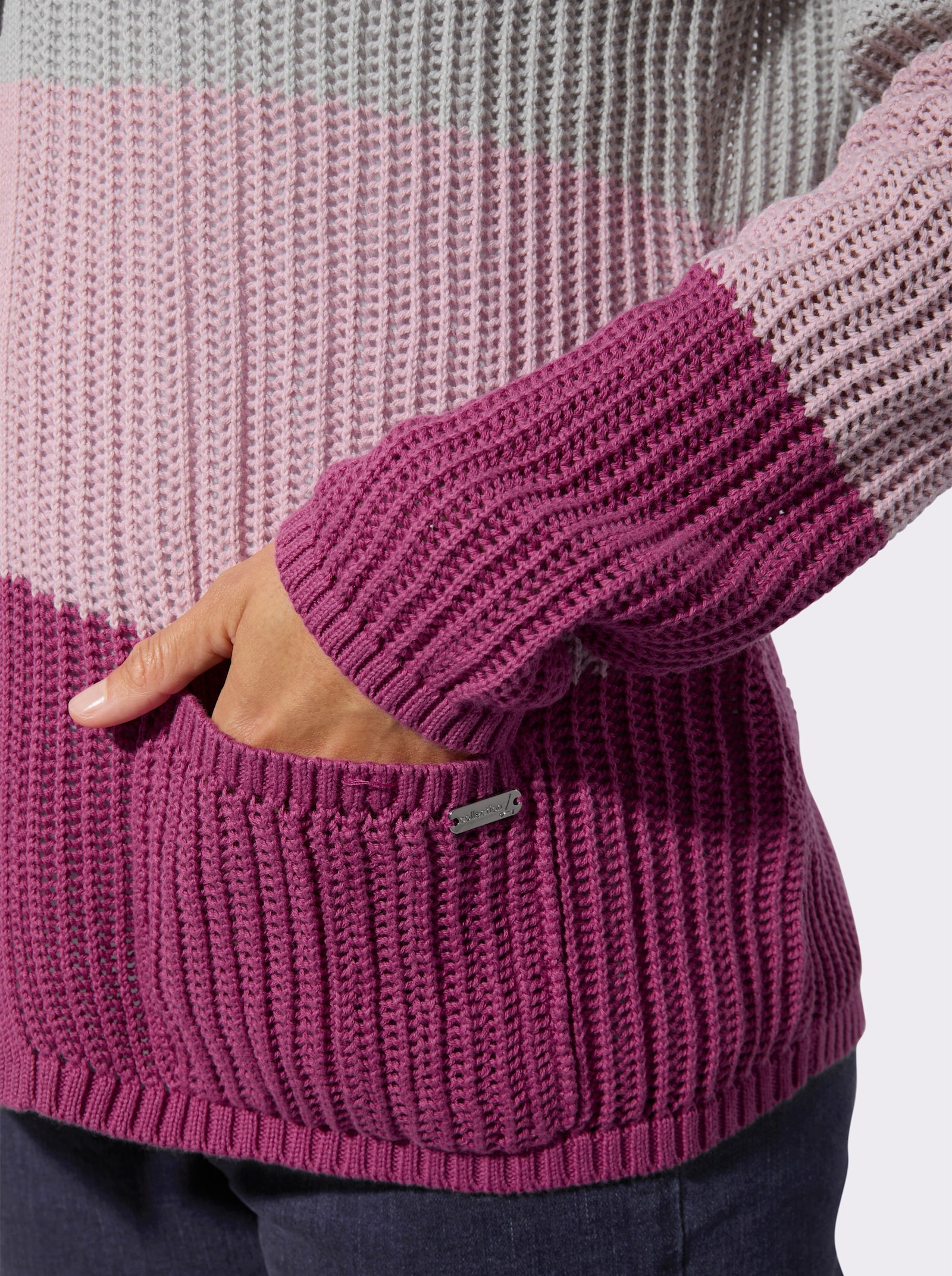 Ajourstrickjacke mit V-Ausschnitt - erika-ecru-geringelt