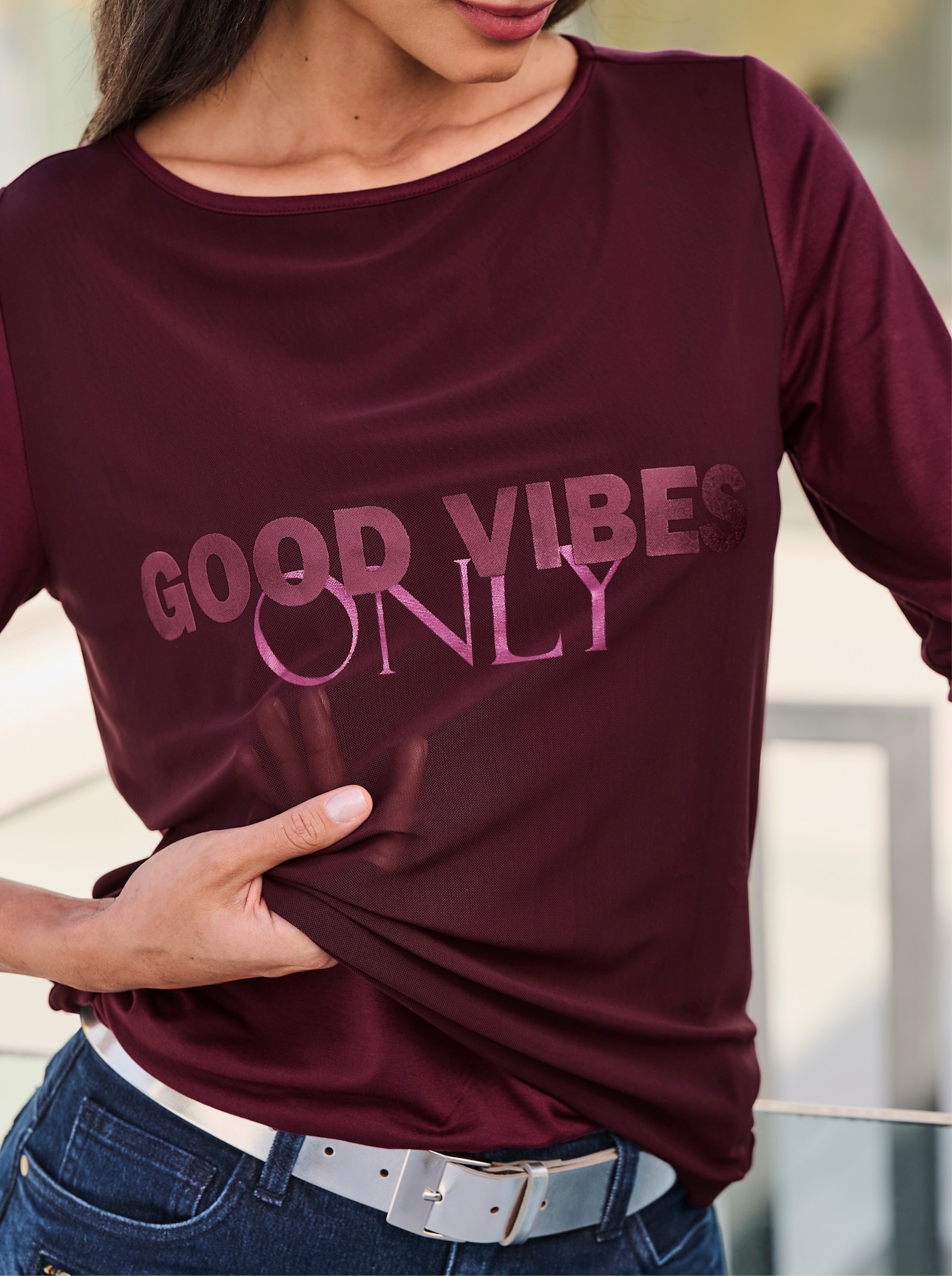 heine Langarmshirt mit Foliendruck - burgund-hellrosé