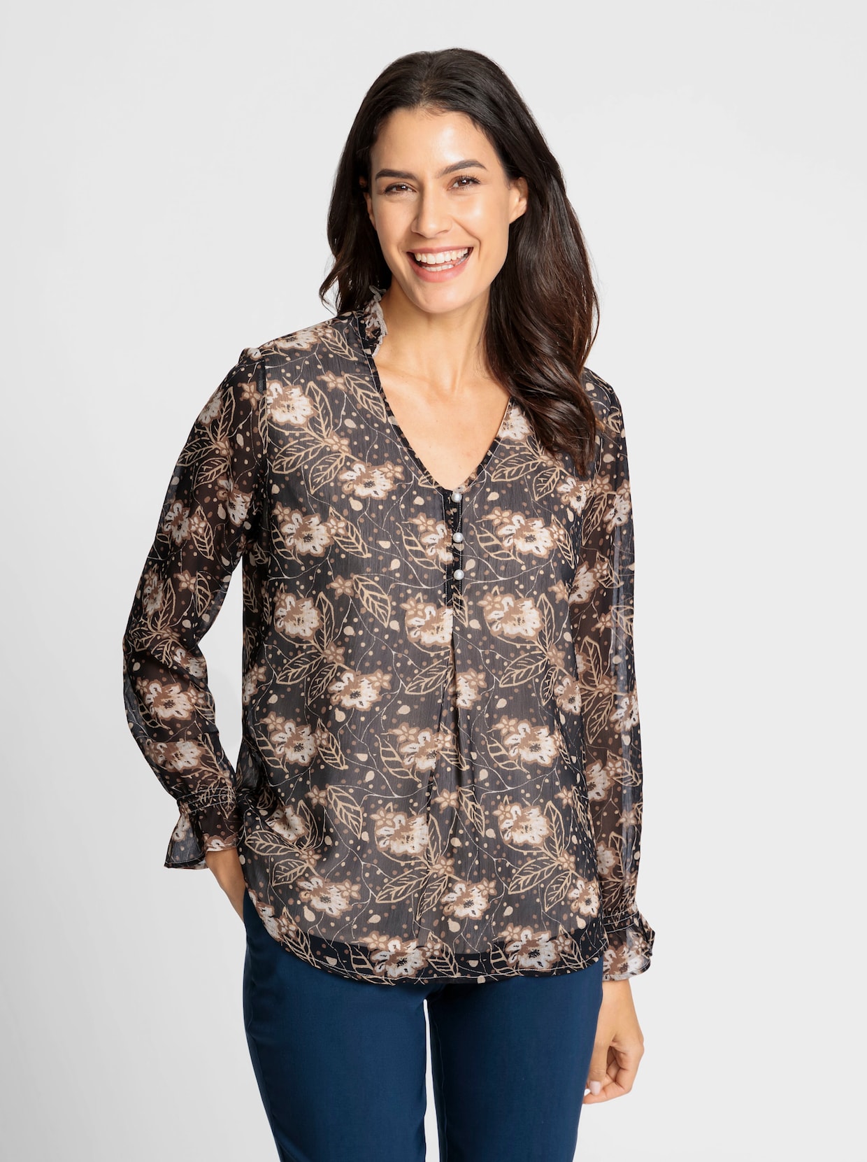 Chiffonblouse - zwart/ivoor bedrukt