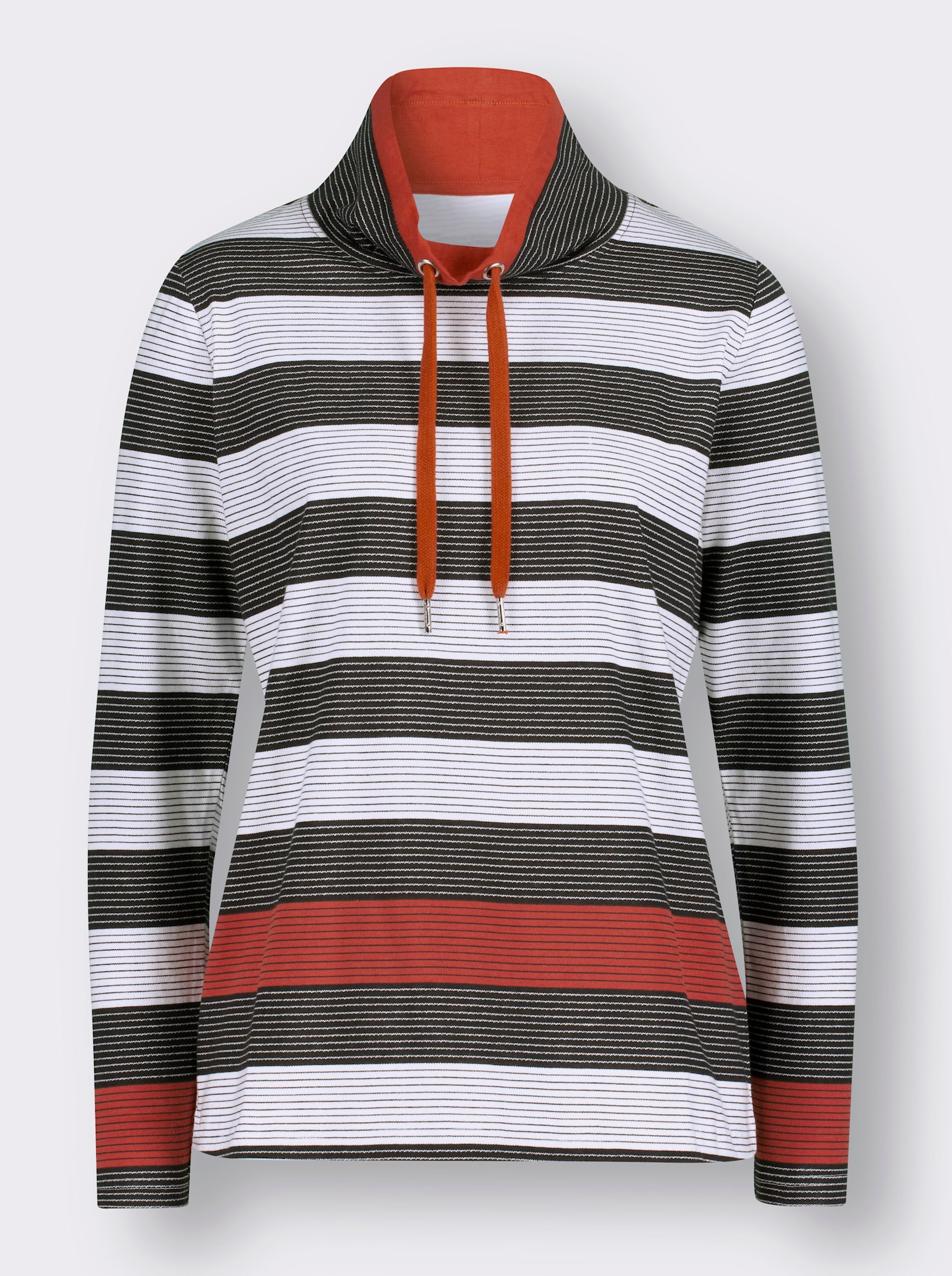 Stehkragenshirt mit weitenregulierbarem Kragen - rostrot-schwarz-geringelt