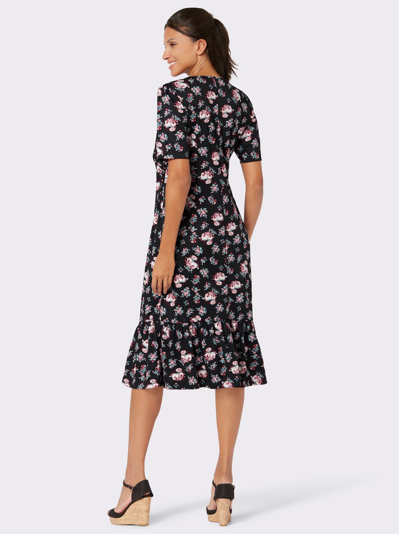 Shirtkleid mit Volant am Saum - schwarz-hortensie-gemustert