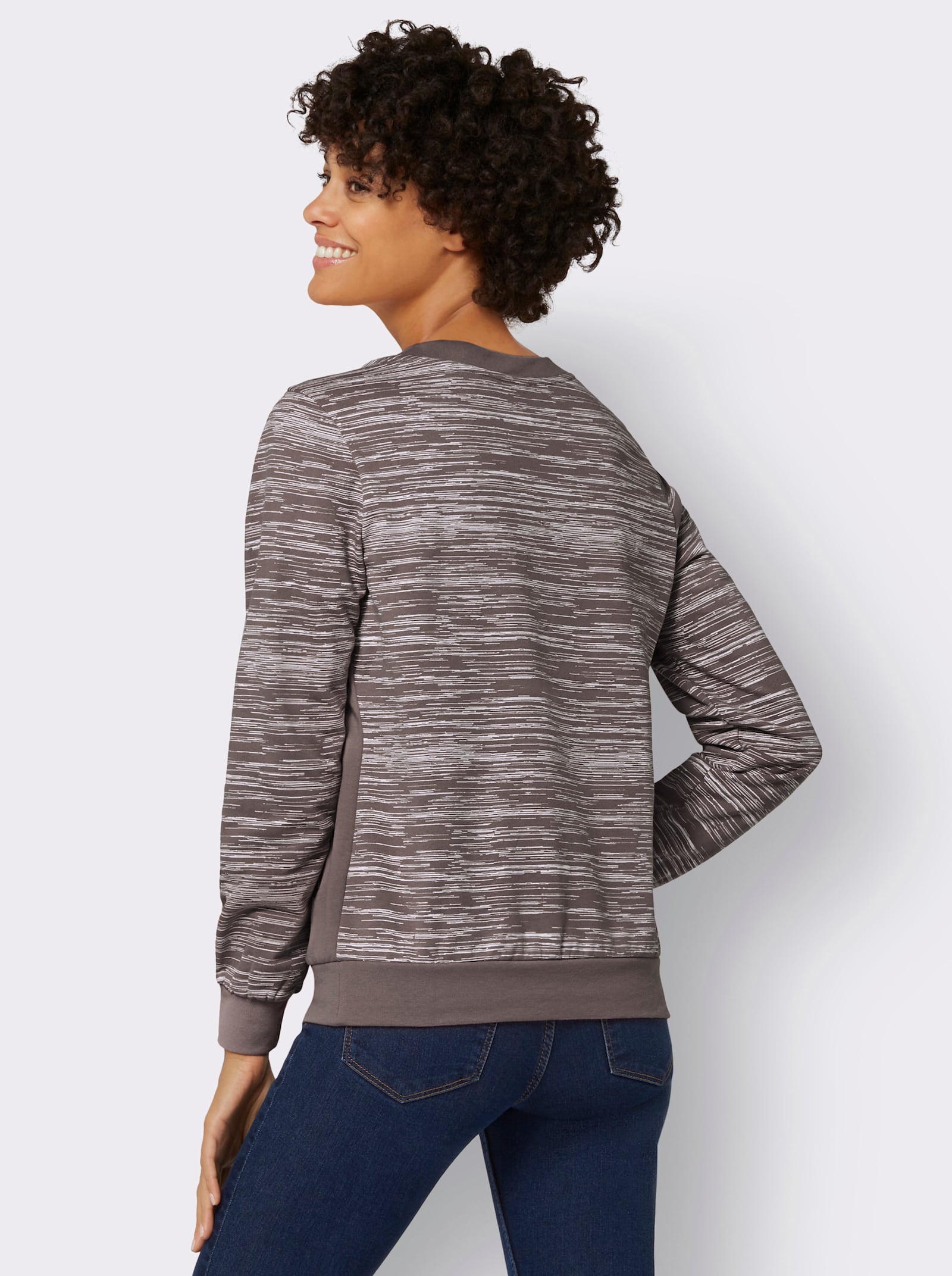 Sweatshirt mit Uni-Einsätzen - dunkeltaupe-ecru-bedruckt