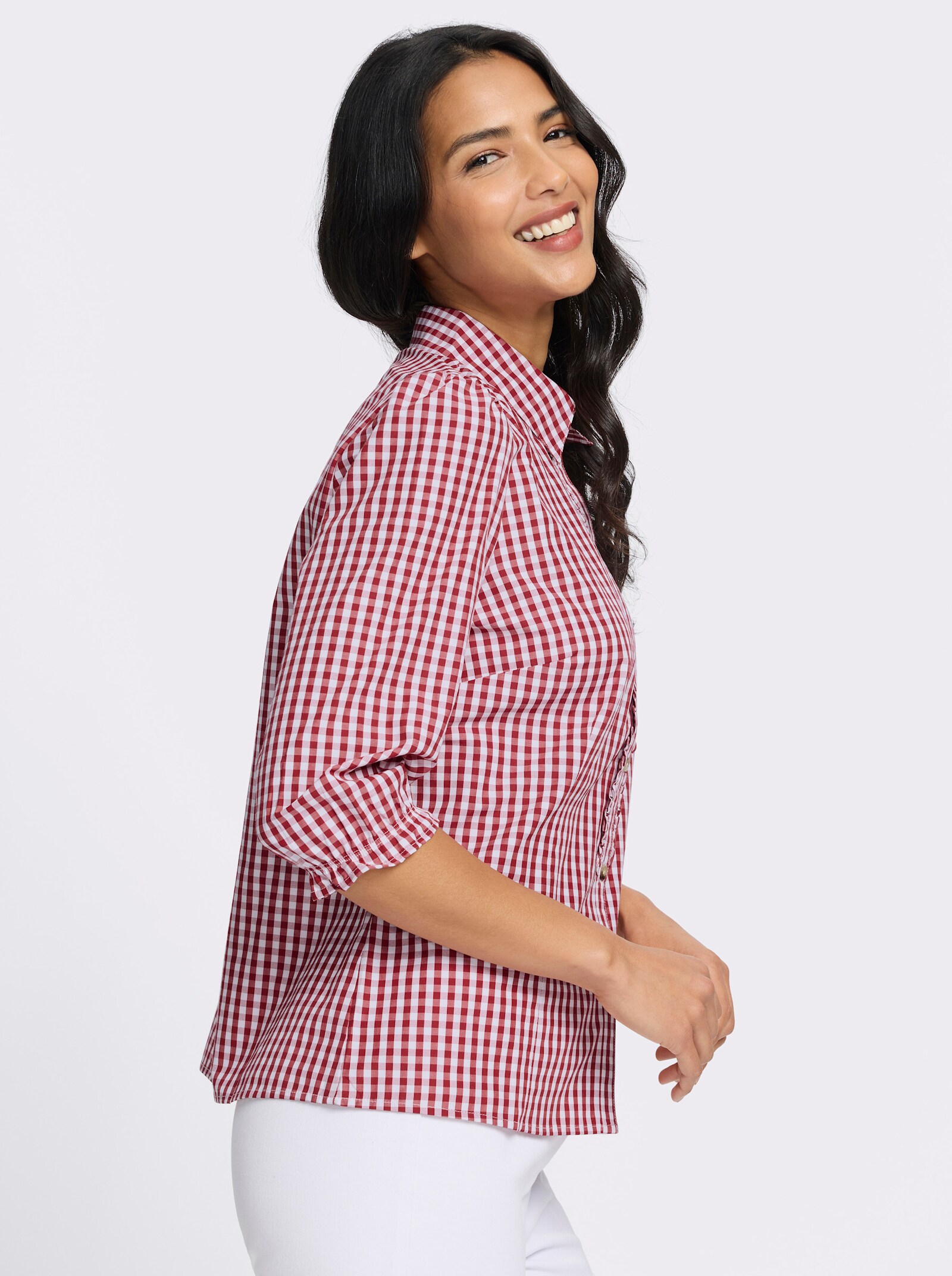 Trachtenbluse mit Rüschenband - rot-weiß-kariert