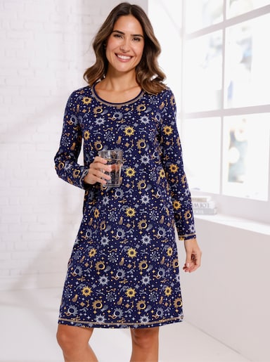 Nachthemd in Single-Jersey-Qualität - marine-ocker-bedruckt