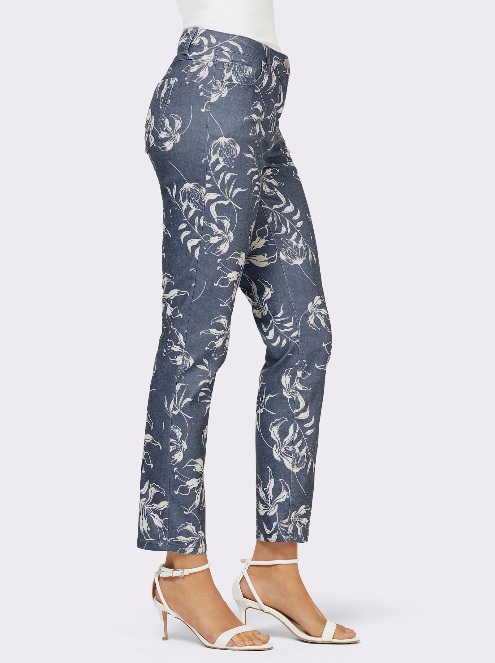 5-Pocket-Jeans in verkürzter Form - jeansblau-weiß-bedruckt