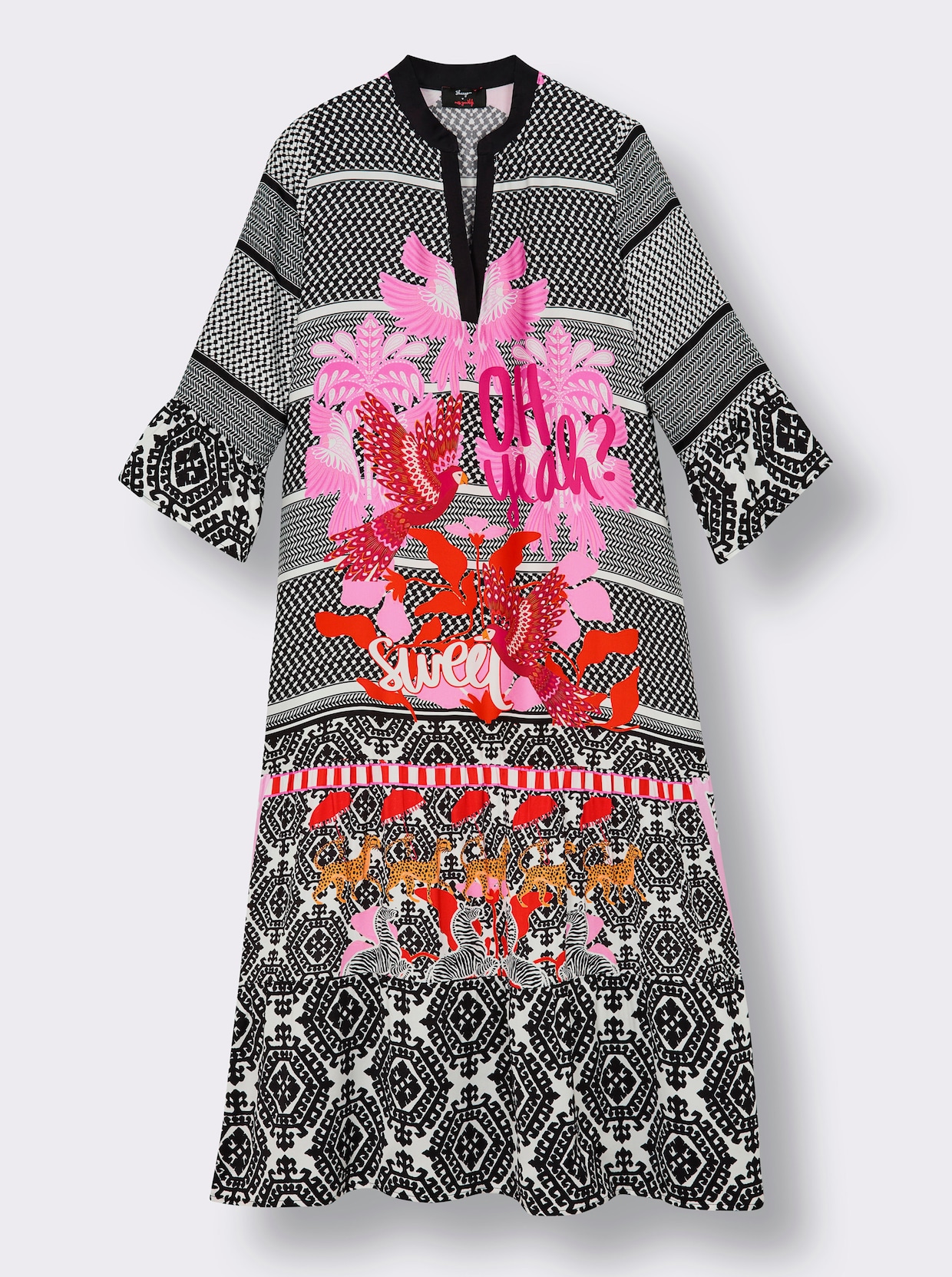 sheego loves miss goodlife Volantkleid im Mustermix - schwarz-pink-bedruckt