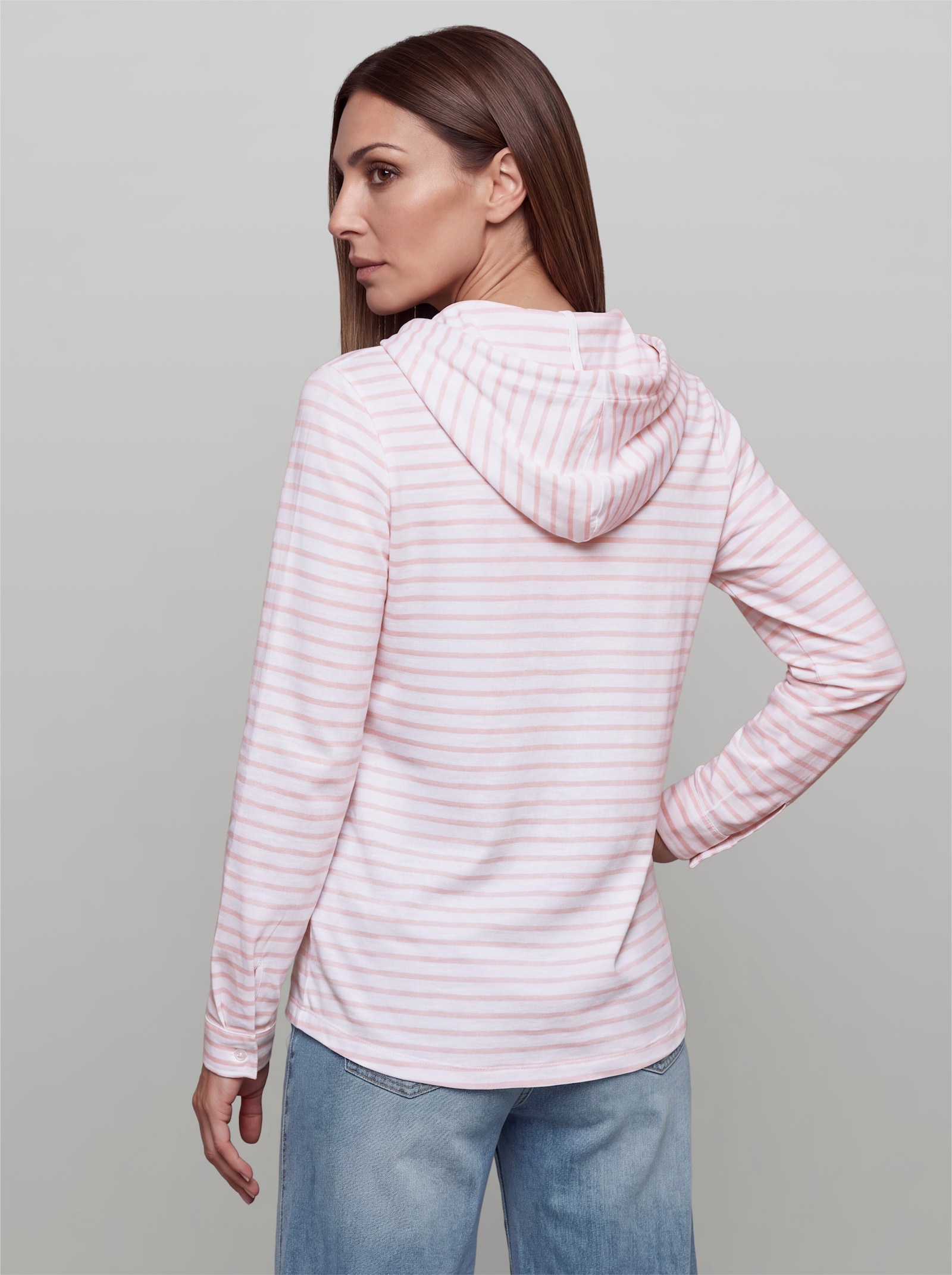heine Streifenshirt mit Kapuze - weiß-hellrosé-geringelt