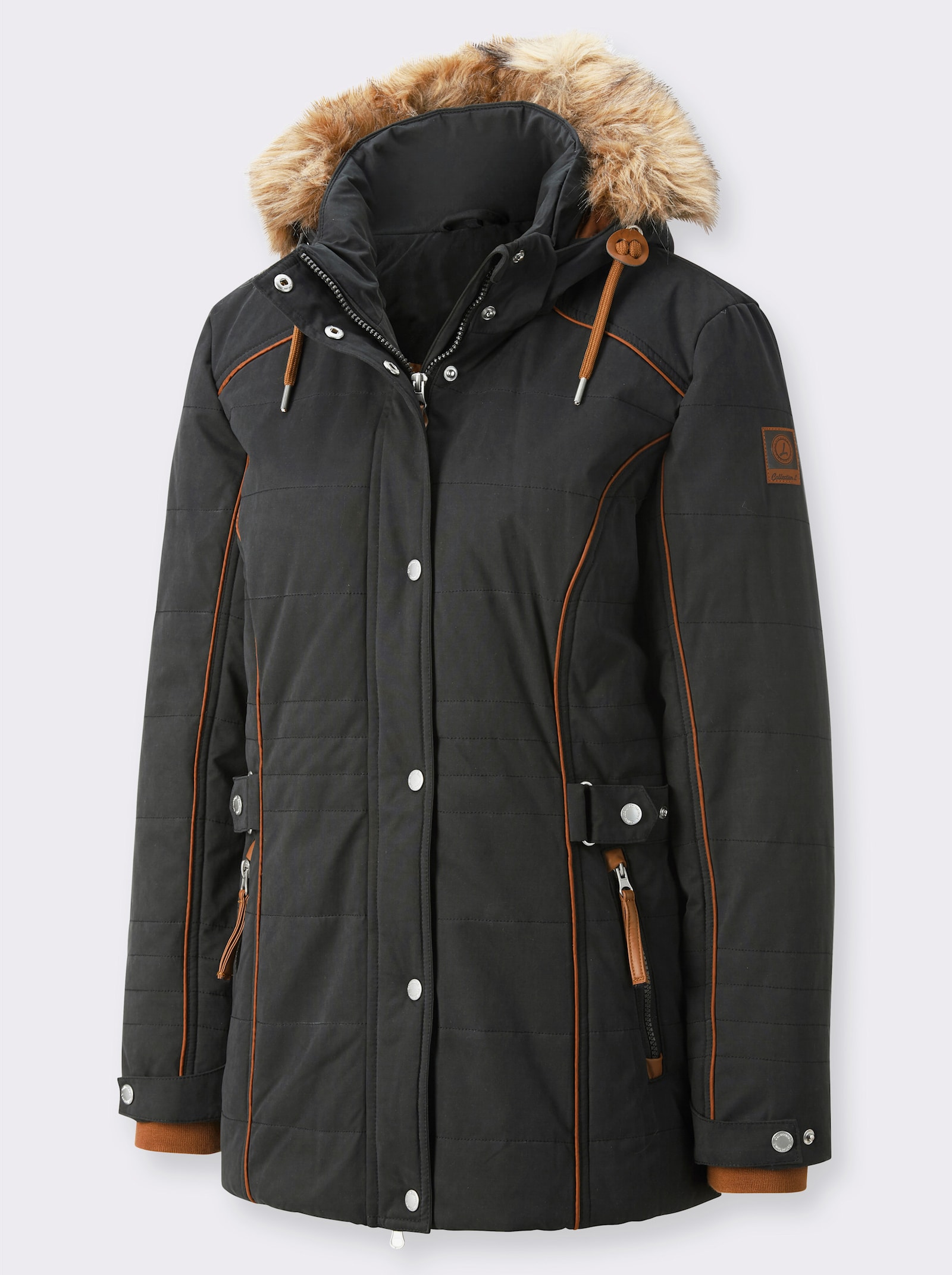 Steppjacke mit Pelz-Imitat, abknöpfbar - schwarz